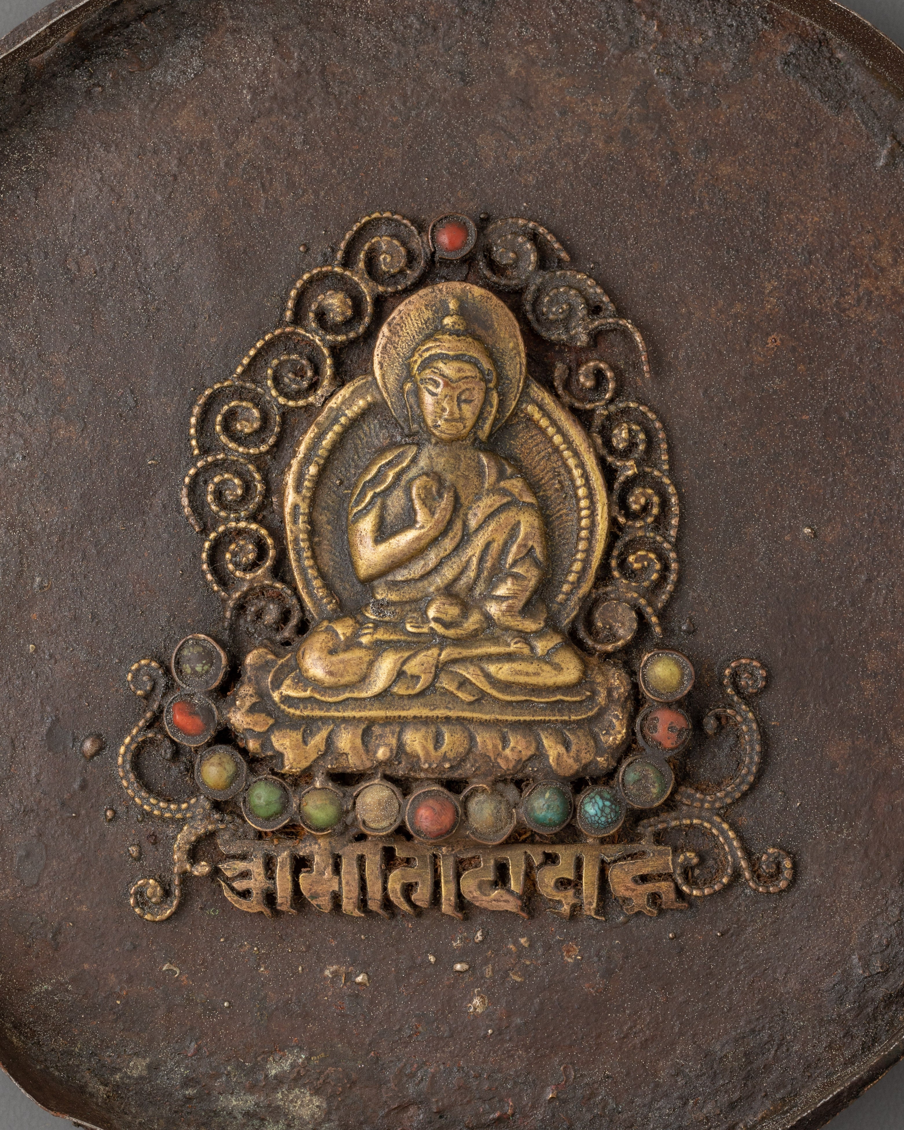 Spiritual Amoghasiddhi Buddha Box | Tibetan Iron Silver Brass Inlaid Ghau