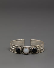 Traditional Himalayan Cuff Bracelet | White Metal Jewelry with Onyx and Moonstone
