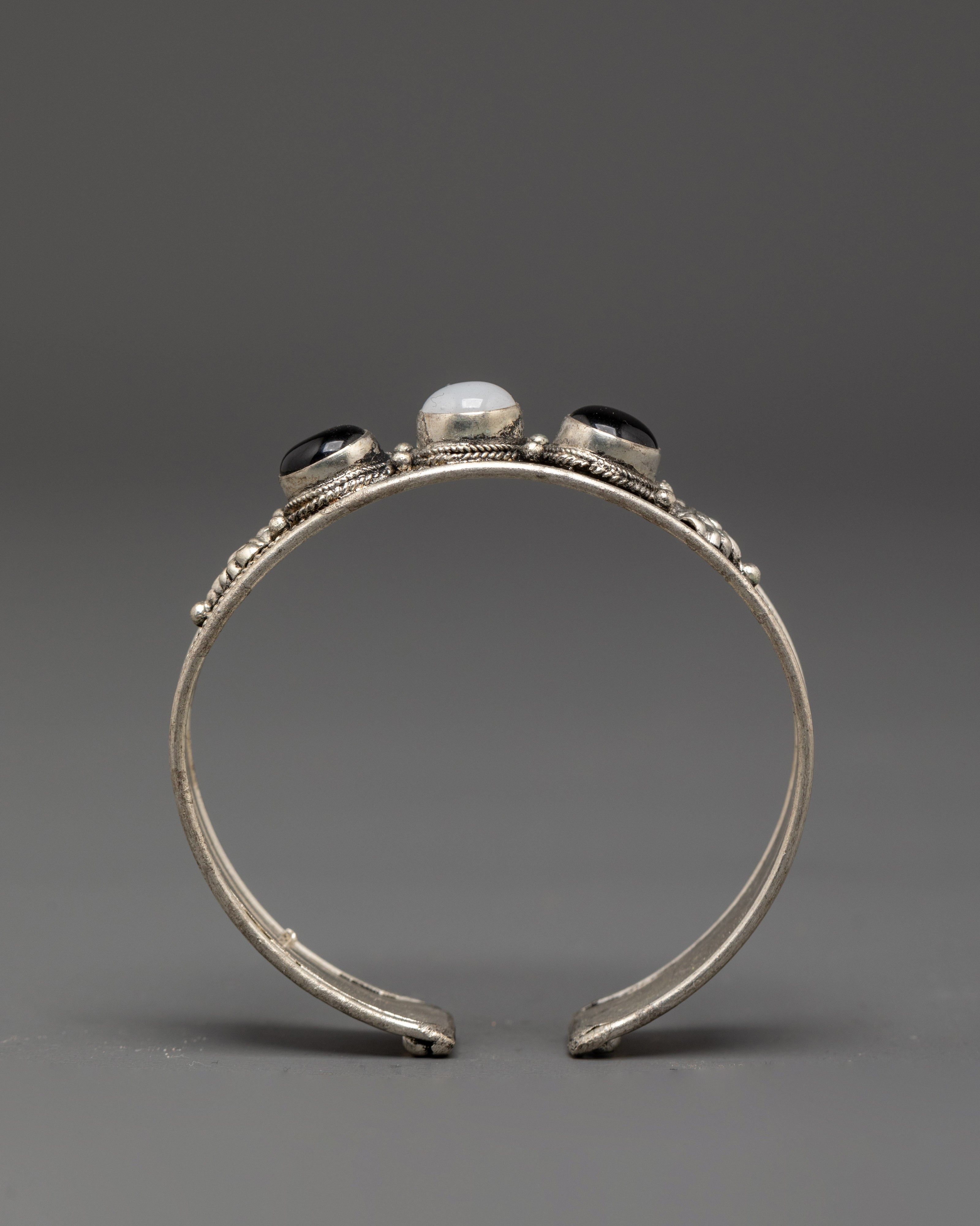 Traditional Himalayan Cuff Bracelet | White Metal Jewelry with Onyx and Moonstone