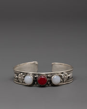 Handcrafted Himalayan Cuff Bracelet | White Agate Red Coral Jewelry