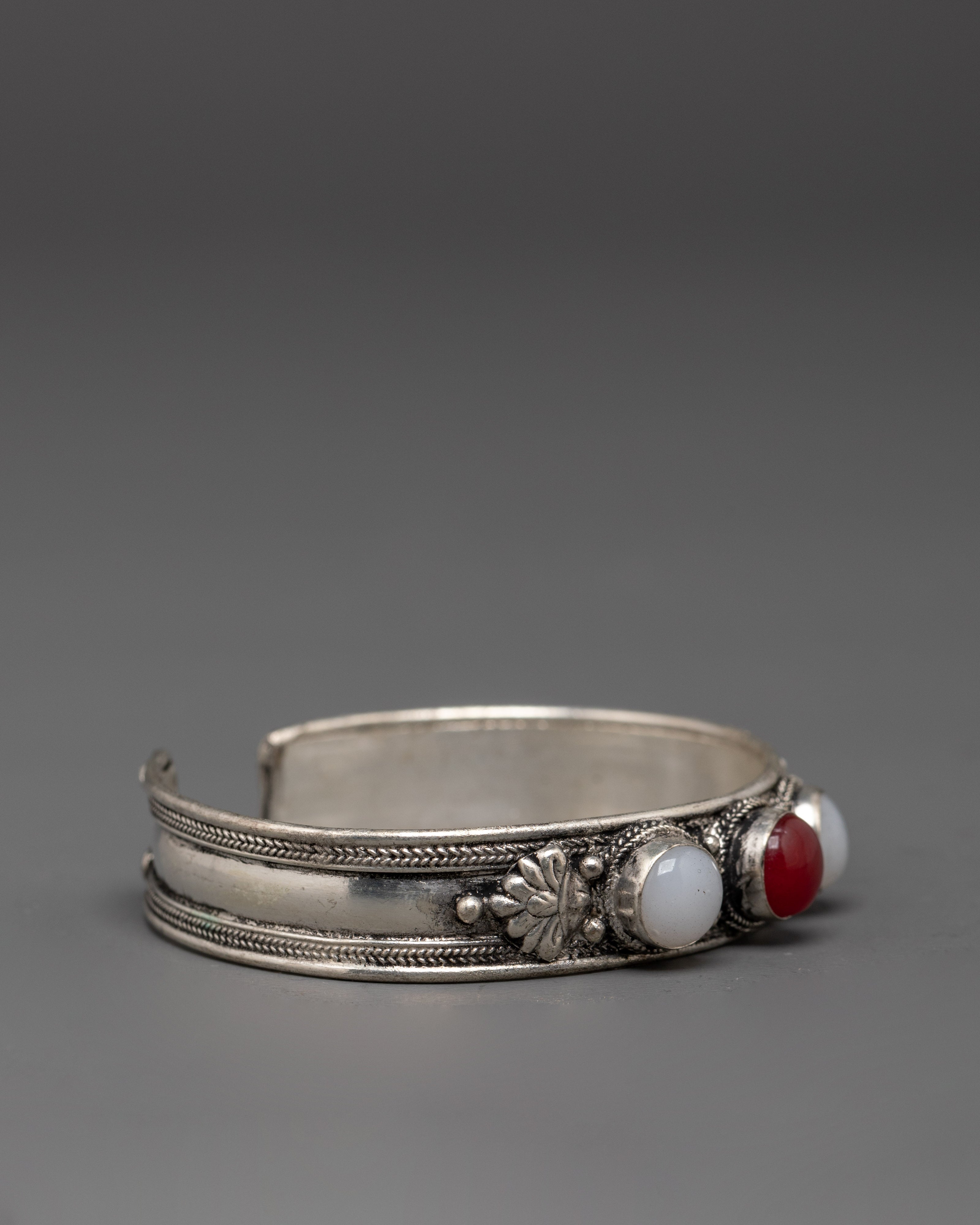 Handcrafted Himalayan Cuff Bracelet | White Agate Red Coral Jewelry