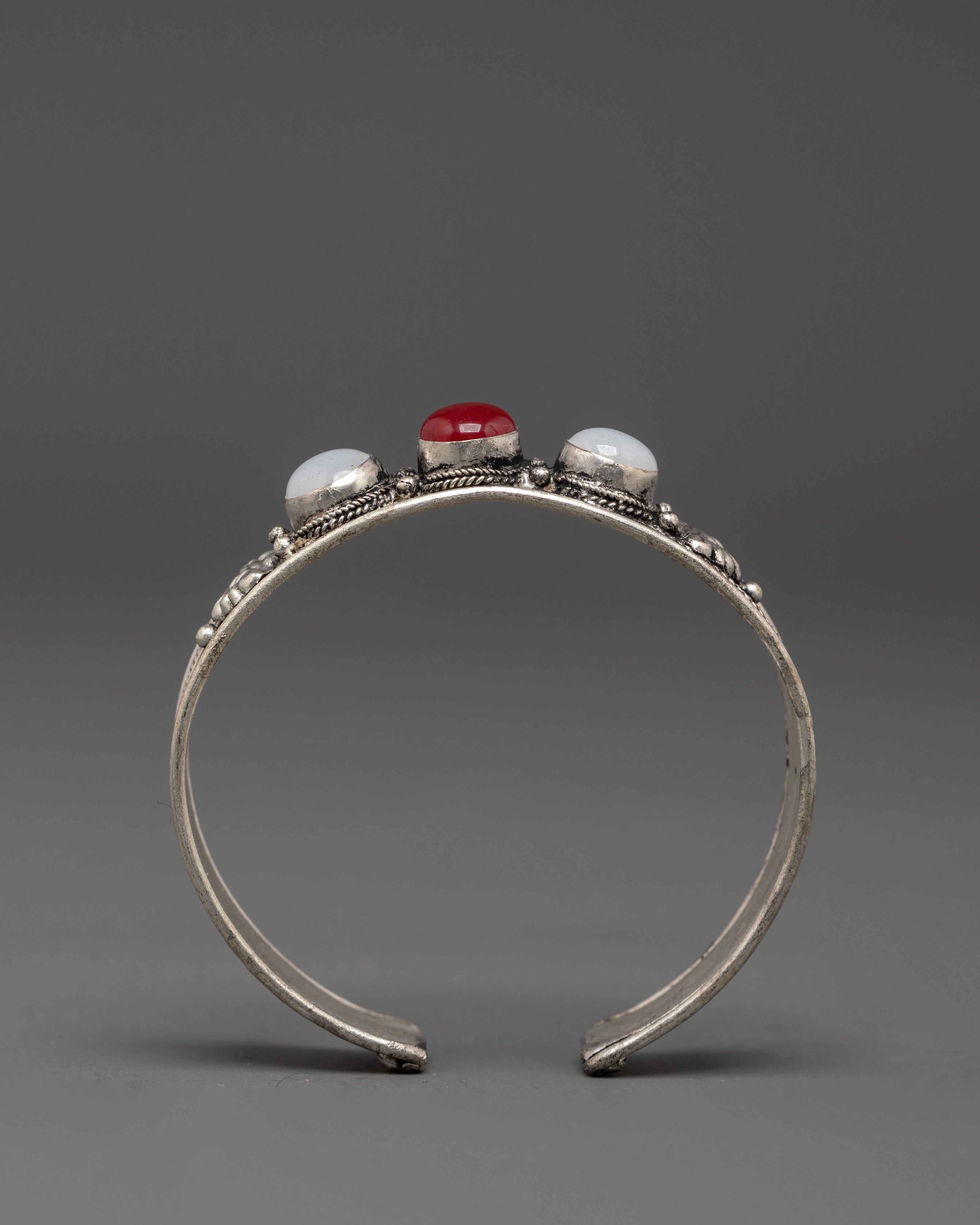 Handcrafted Himalayan Cuff Bracelet | White Agate Red Coral Jewelry