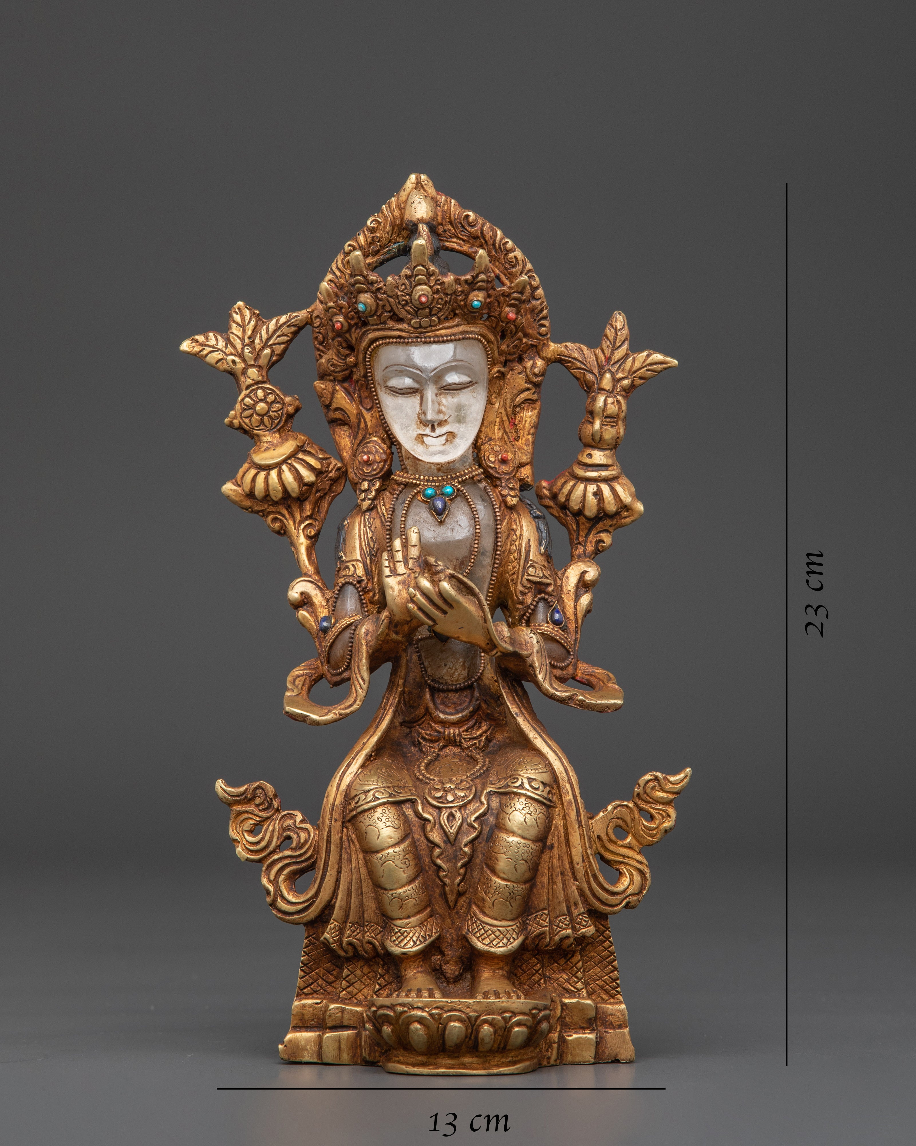 Future Buddha Maitreya Statue | Gold Plated Copper Sculpture with Crystal & Turquoise