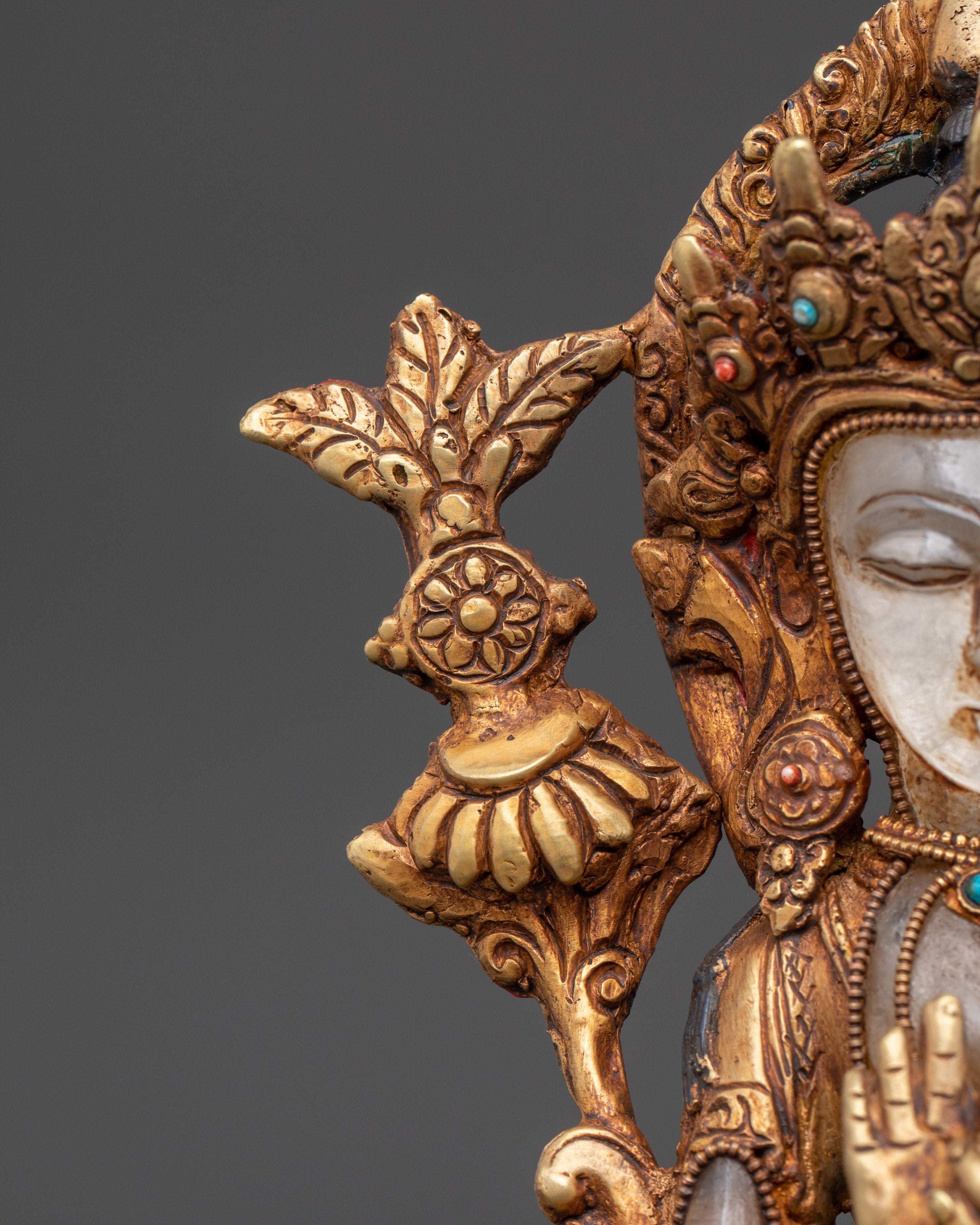 Future Buddha Maitreya Statue | Gold Plated Copper Sculpture with Crystal & Turquoise