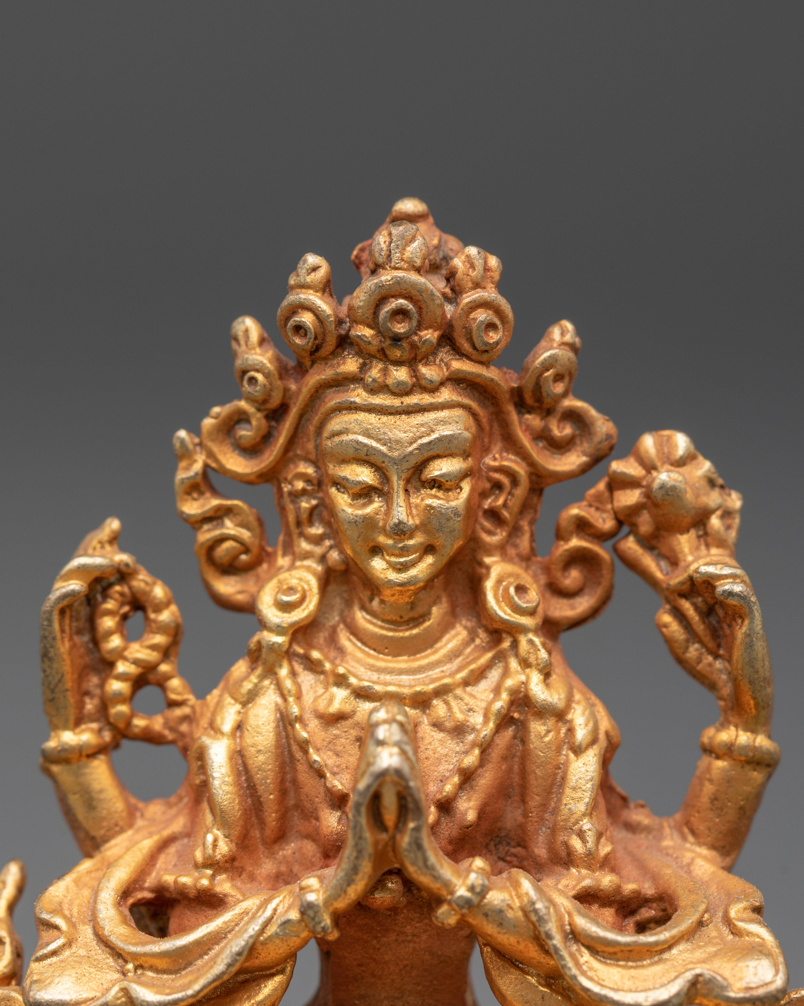 Gold Plated Chenrezig Statue | Tibetan Compassion Figurine