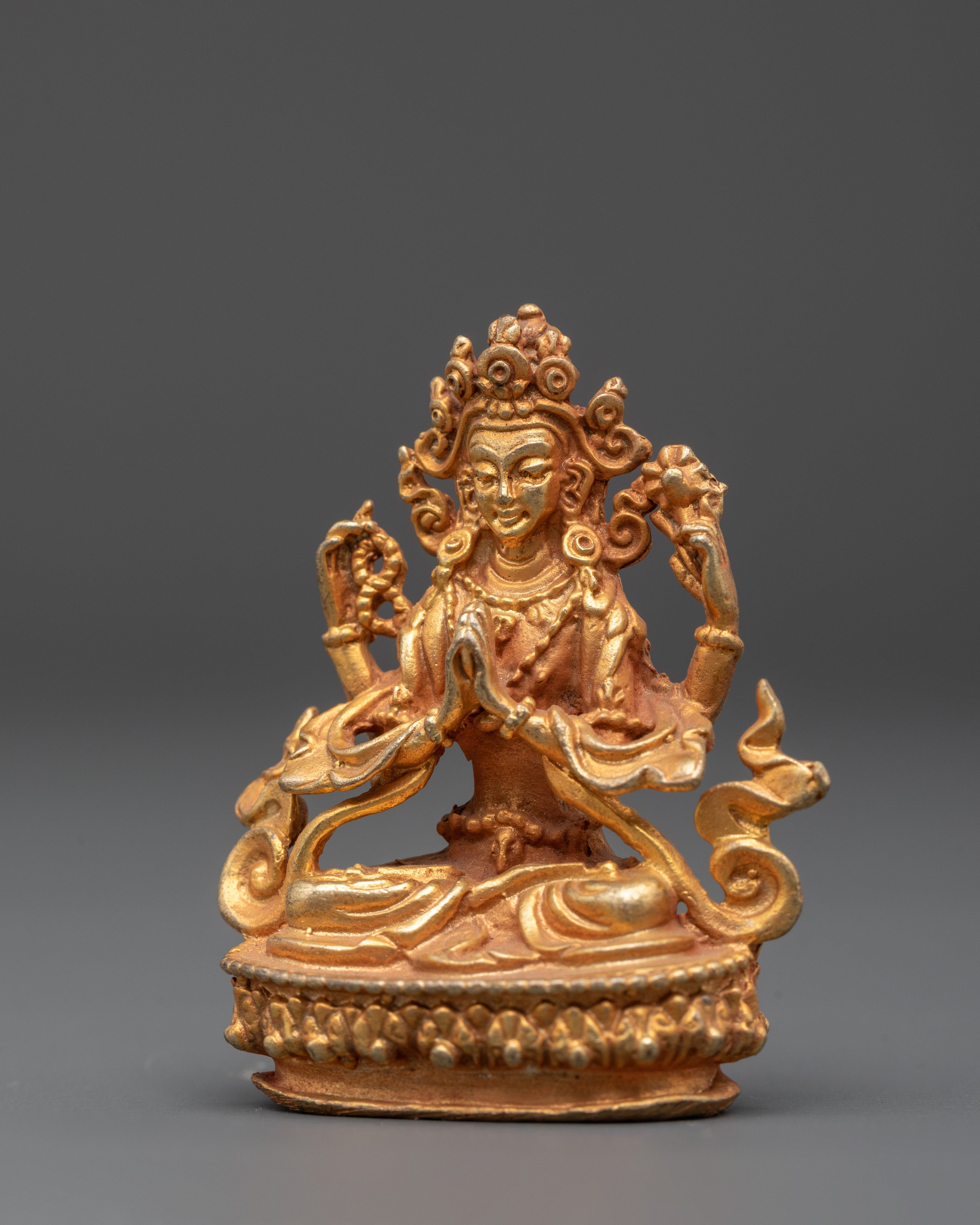 Gold Plated Chenrezig Statue | Tibetan Compassion Figurine