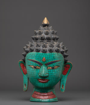 Turquoise Buddha Head Statue | Coral and Turquoise Inlaid