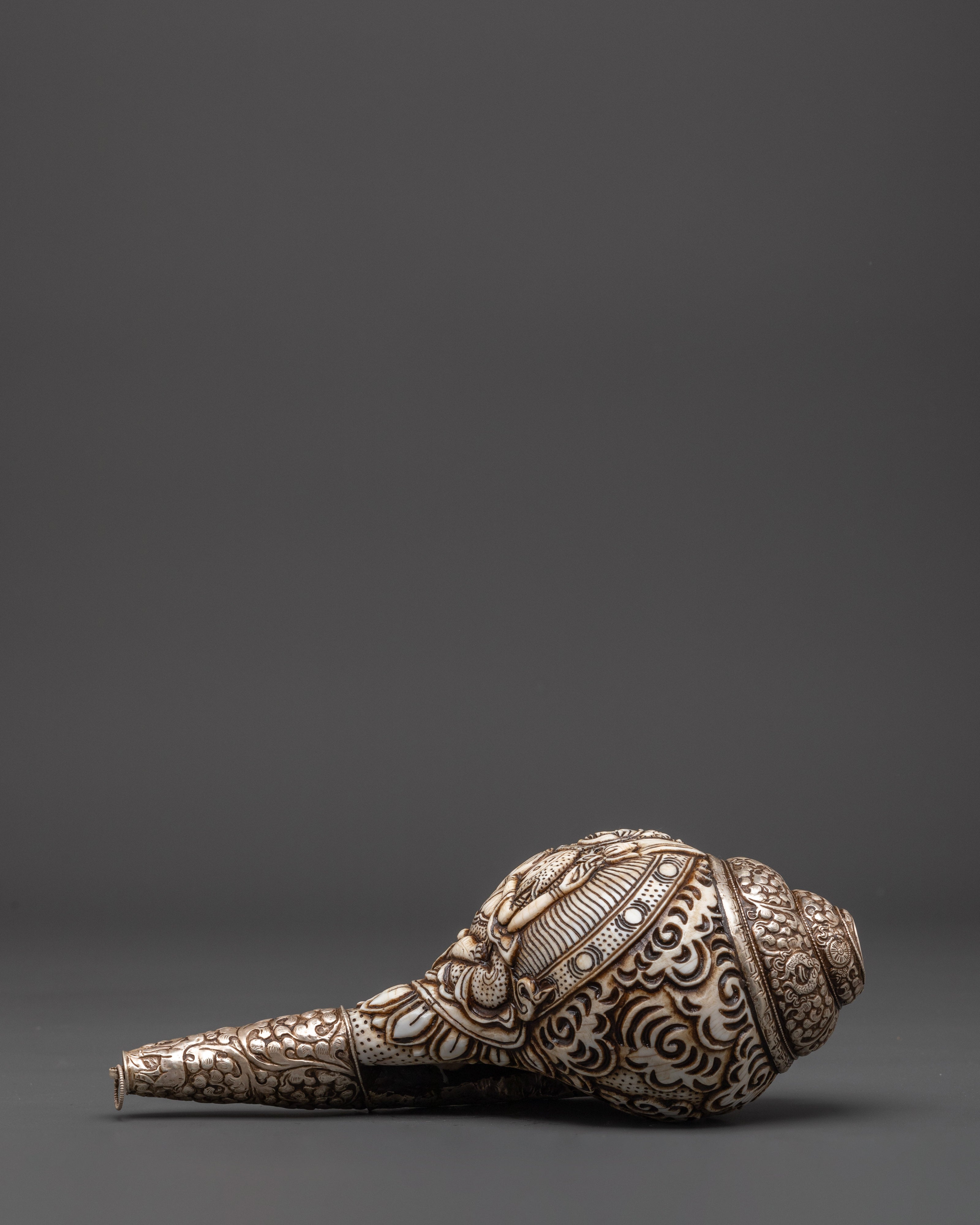 Tibetan Ritual Conch for Buddhist Altar | Chenrezig Carved Conch