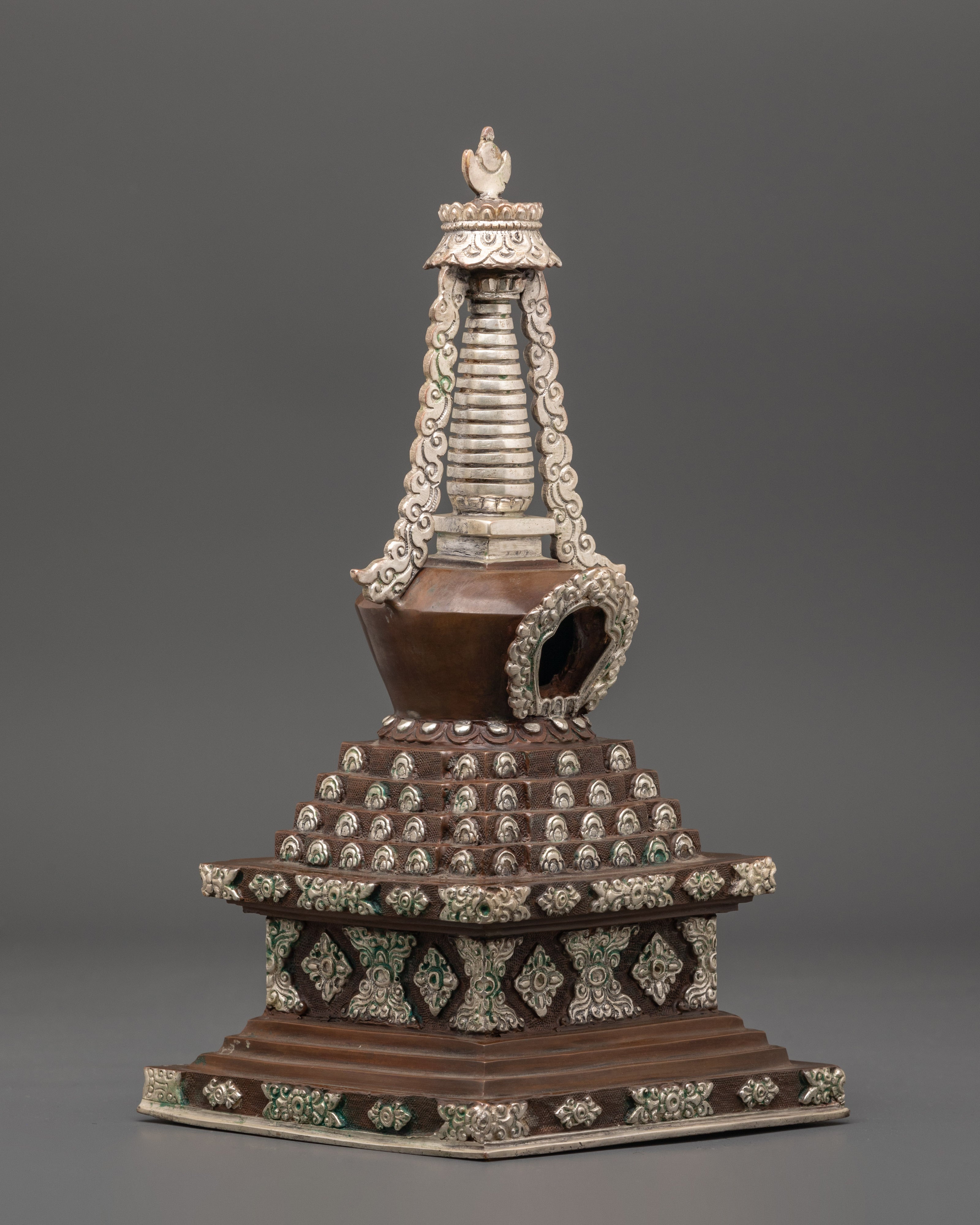 Handmade Buddhist Stupa | Silver Plated Spiritual Altar Decor