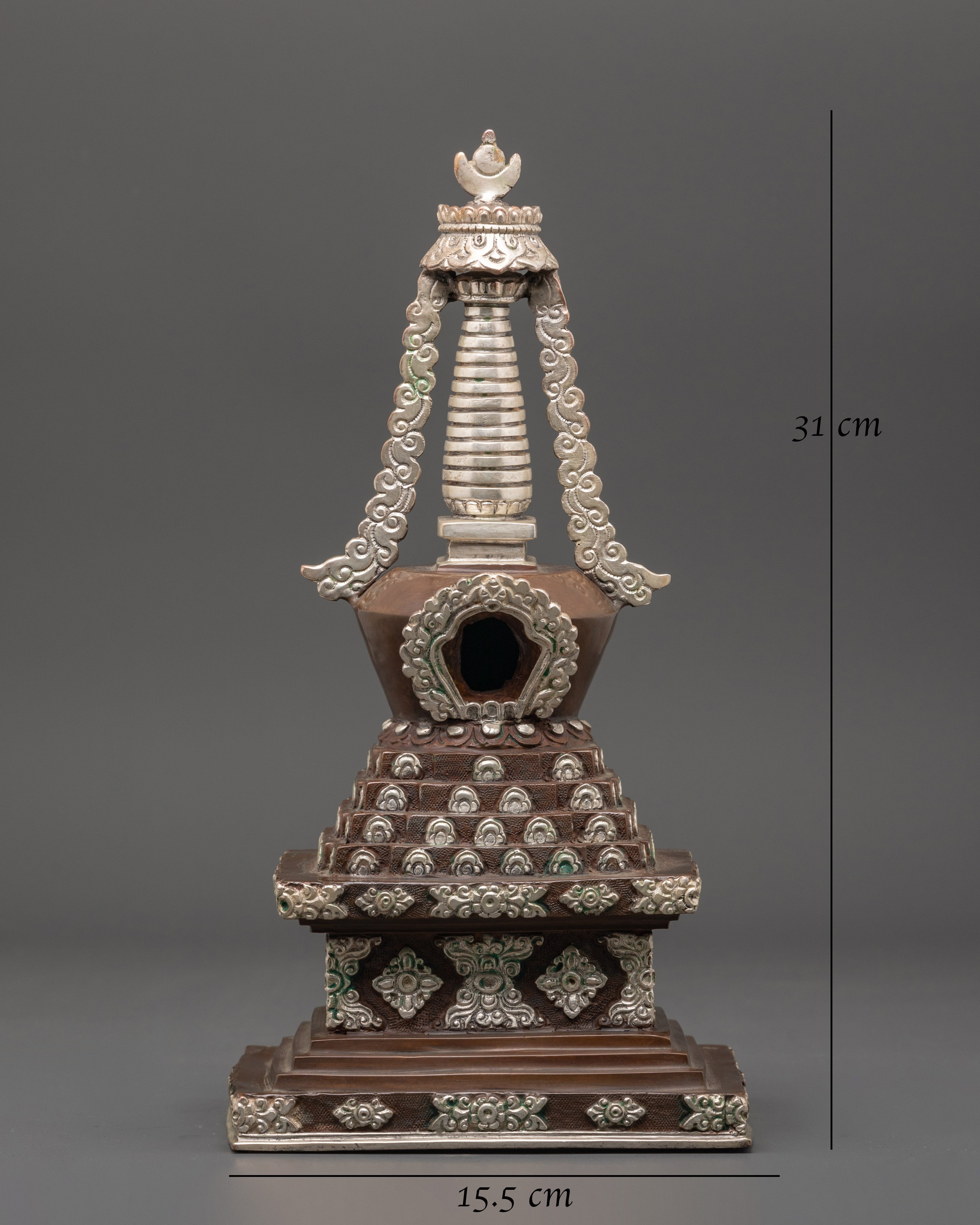 Handmade Buddhist Stupa | Silver Plated Spiritual Altar Decor
