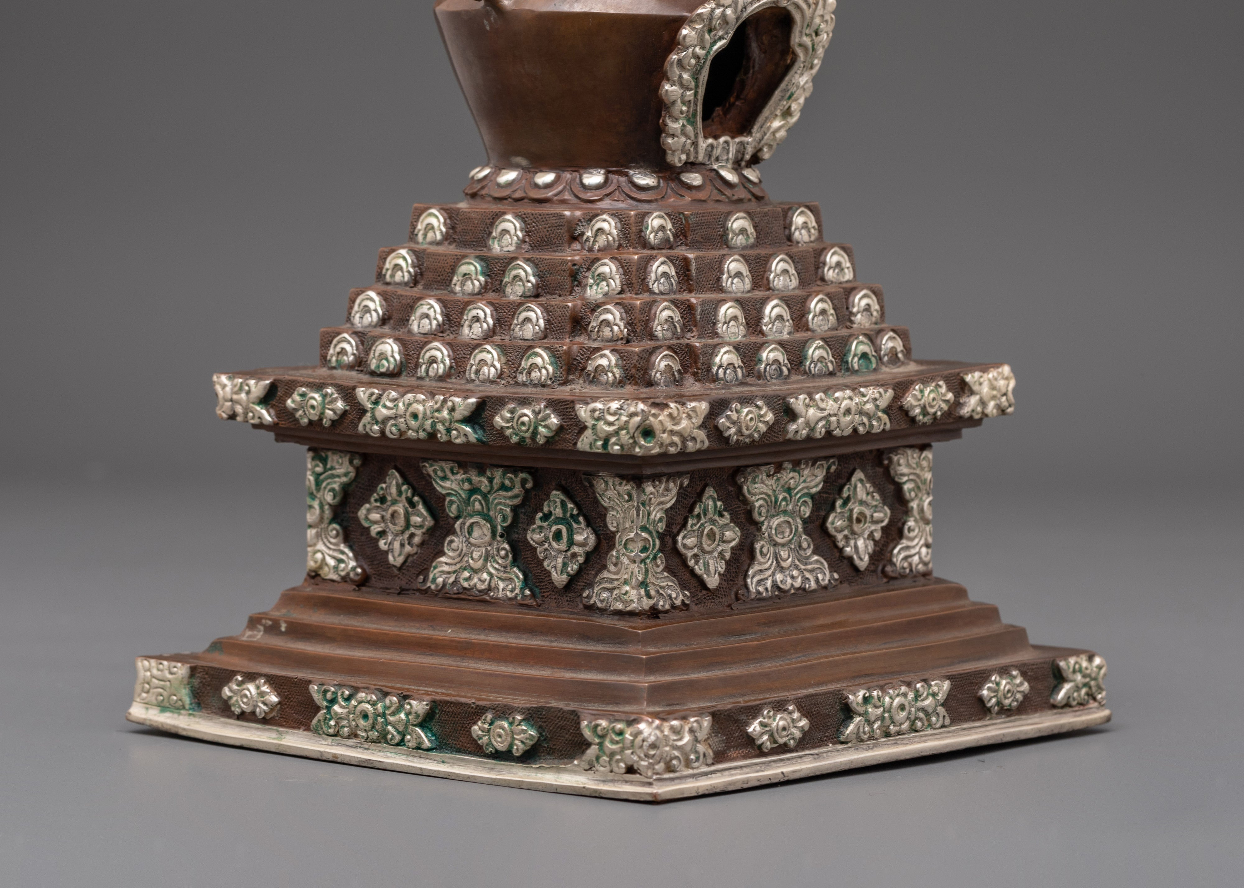 Handmade Buddhist Stupa | Silver Plated Spiritual Altar Decor