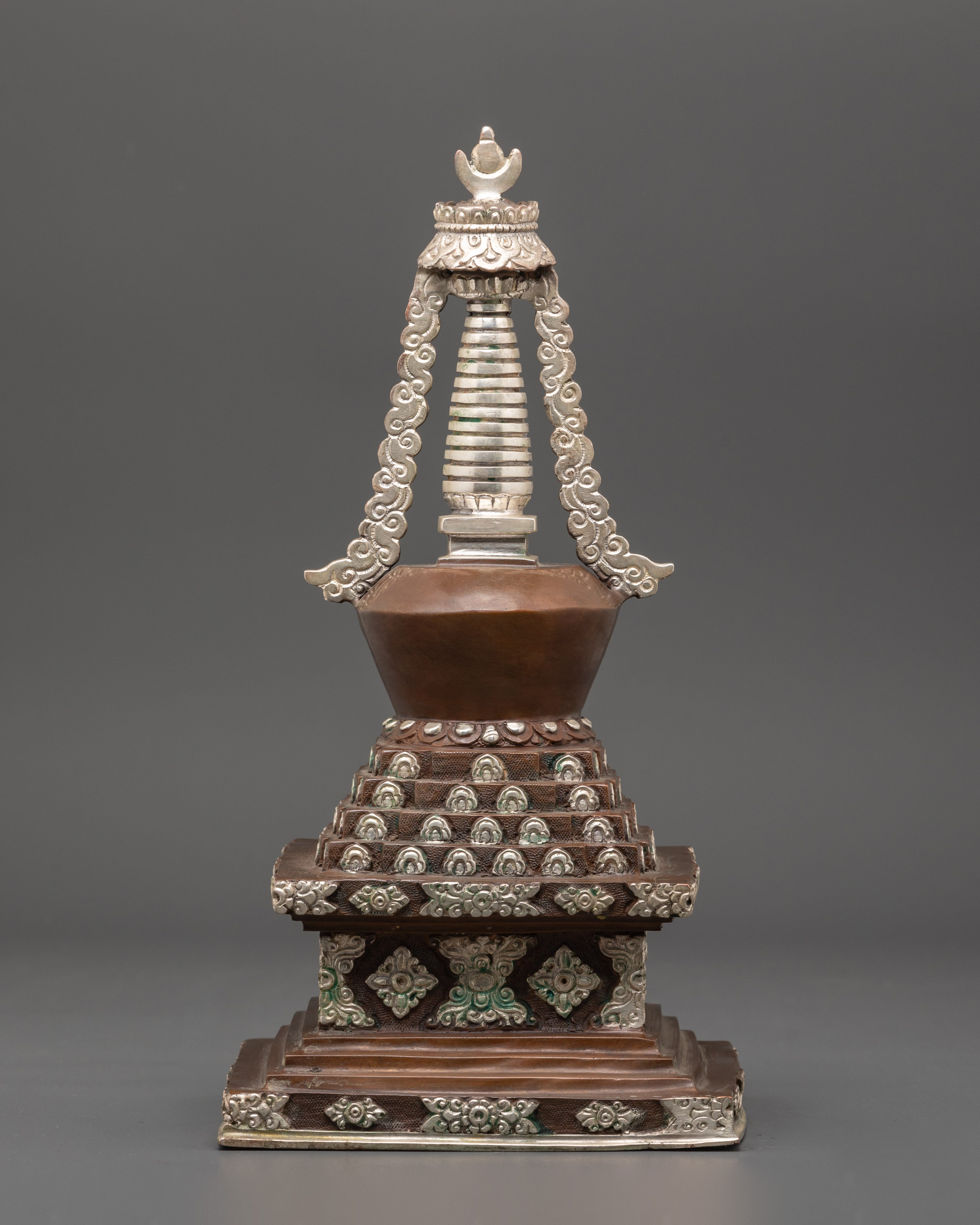 Handmade Buddhist Stupa | Silver Plated Spiritual Altar Decor