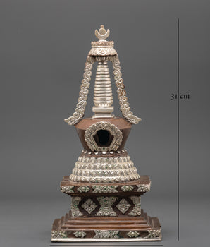 Buddhist Meditation Stupa | Silver Plated Oxidized Copper Altar Decor