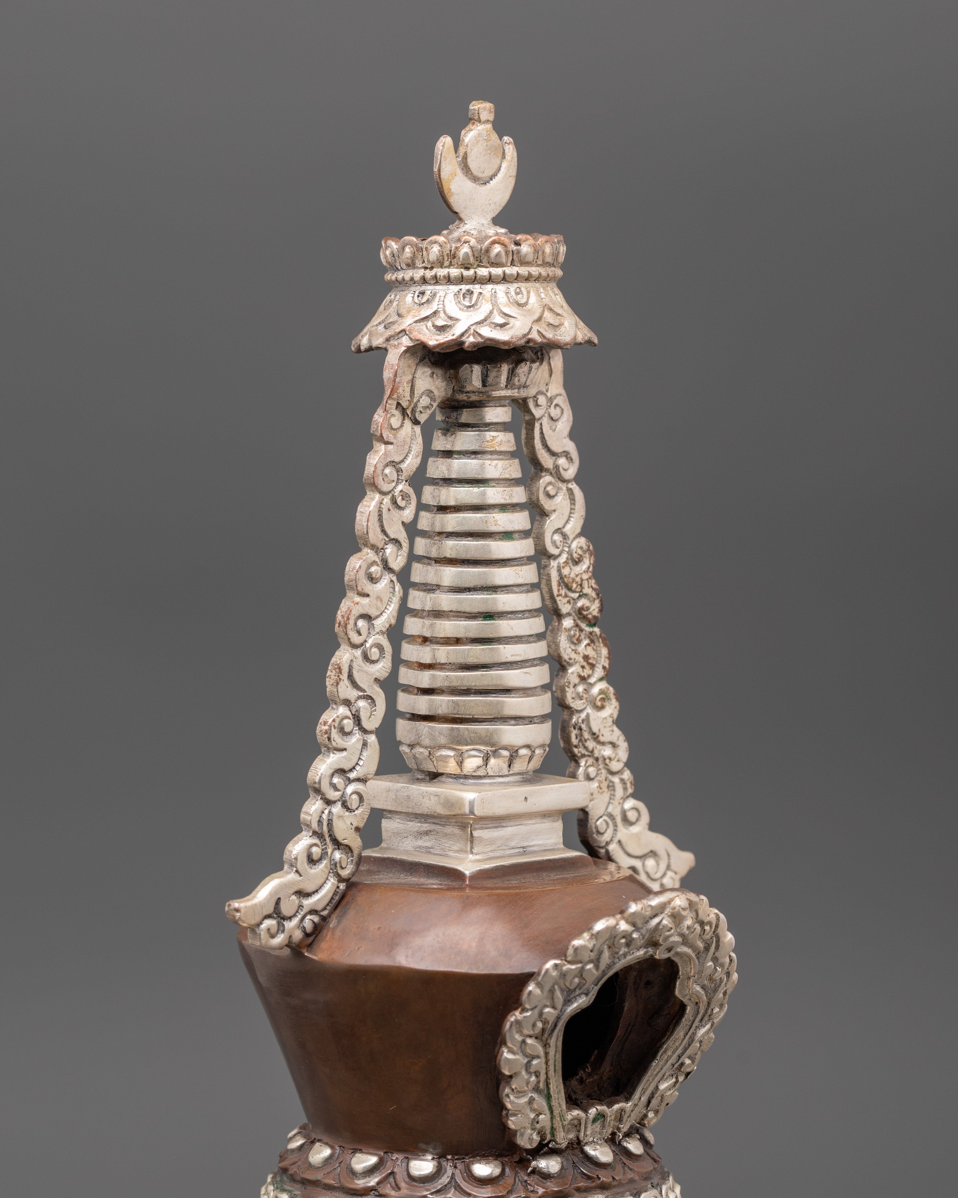 Buddhist Meditation Stupa | Silver Plated Oxidized Copper Altar Decor
