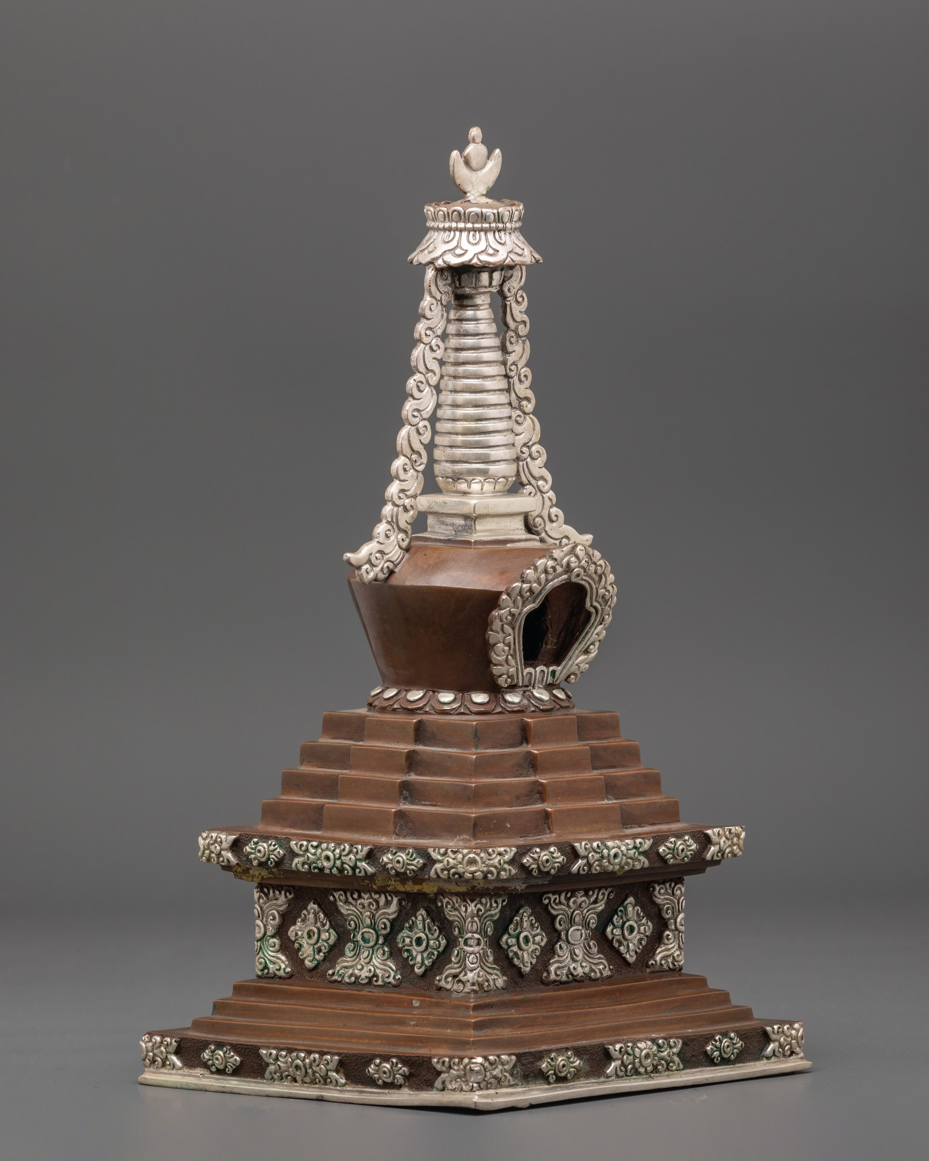Handcrafted Himalayan Stupa | Silver Plated Buddhist Altar Figurine