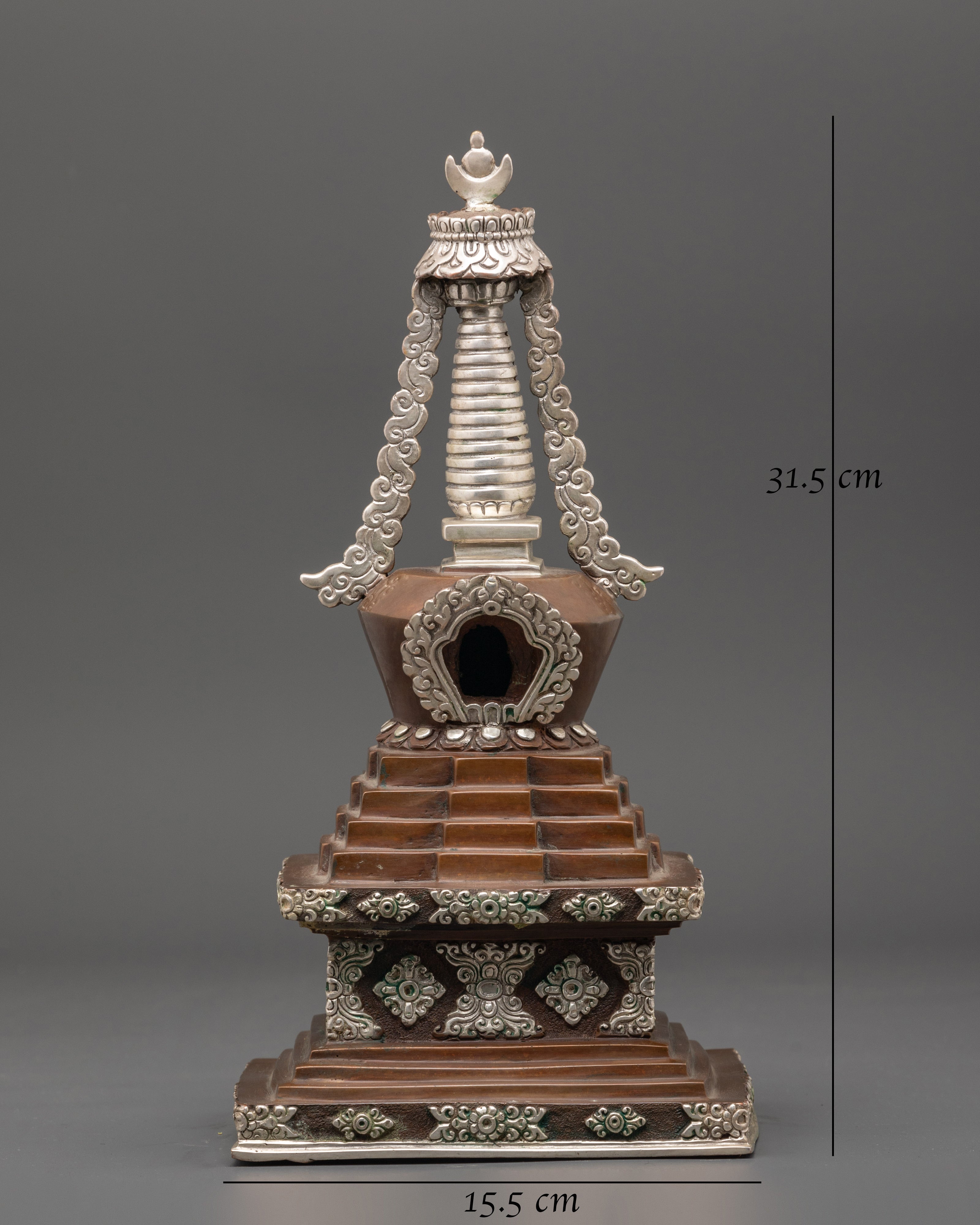 Handcrafted Himalayan Stupa | Silver Plated Buddhist Altar Figurine