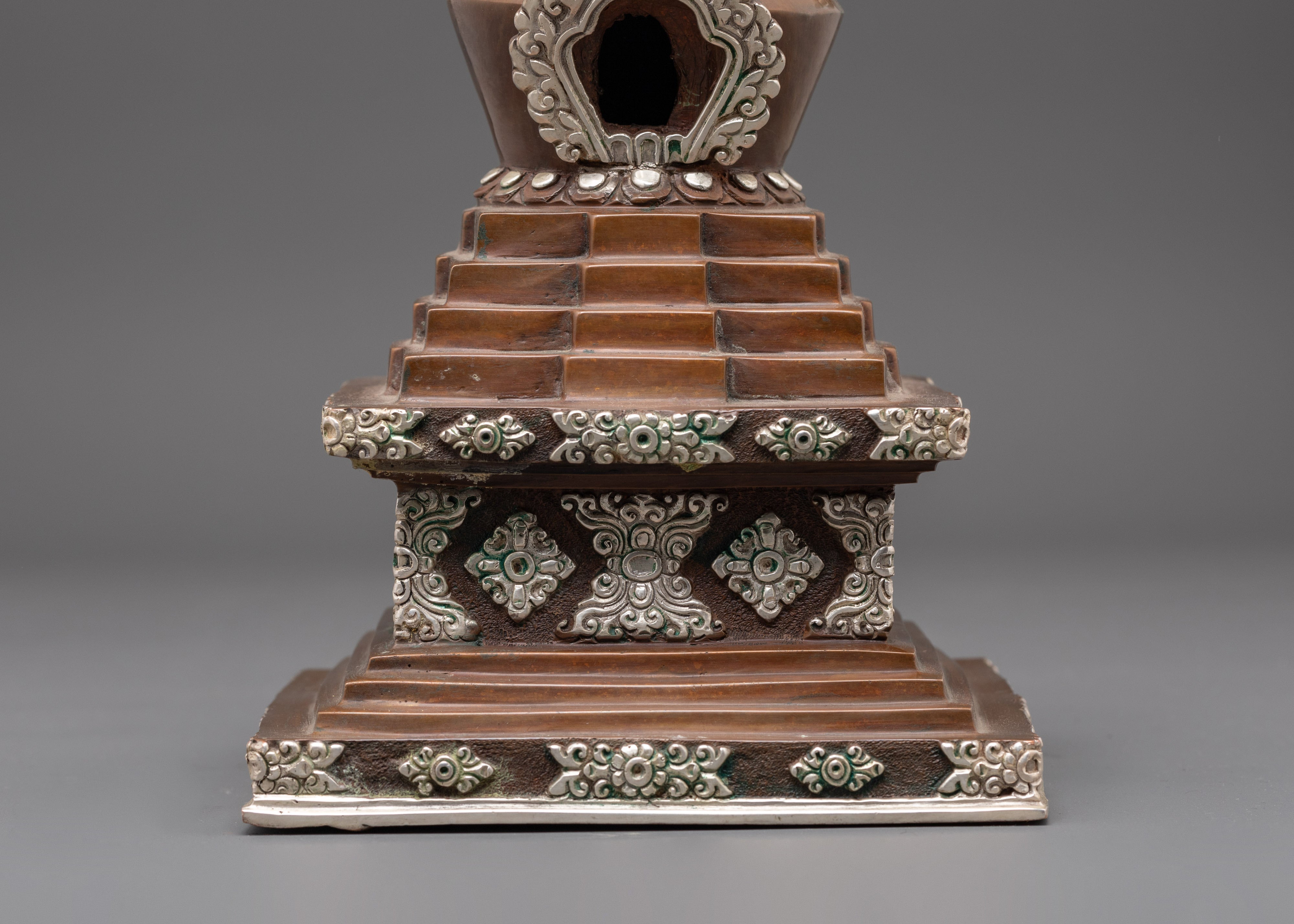 Handcrafted Himalayan Stupa | Silver Plated Buddhist Altar Figurine