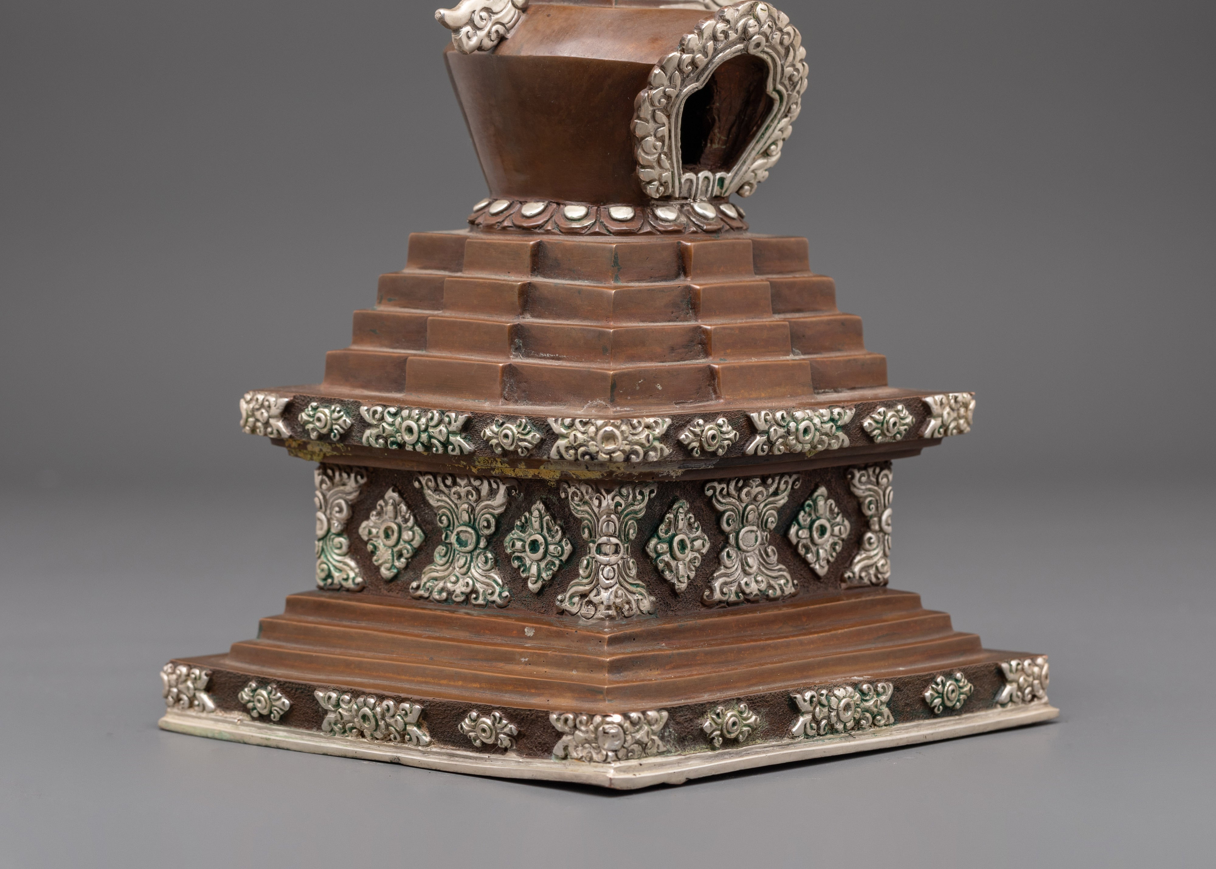 Handcrafted Himalayan Stupa | Silver Plated Buddhist Altar Figurine