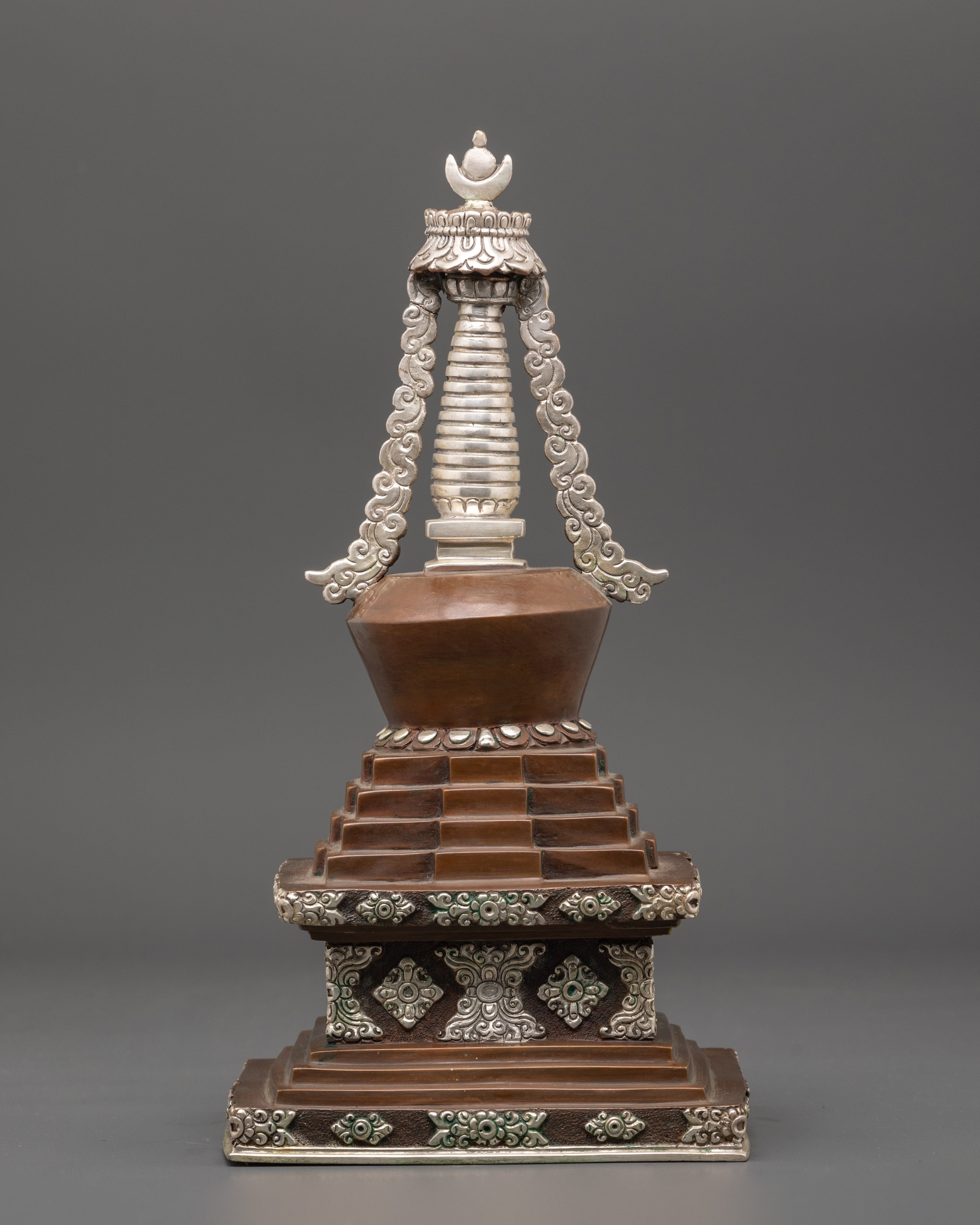 Handcrafted Himalayan Stupa | Silver Plated Buddhist Altar Figurine