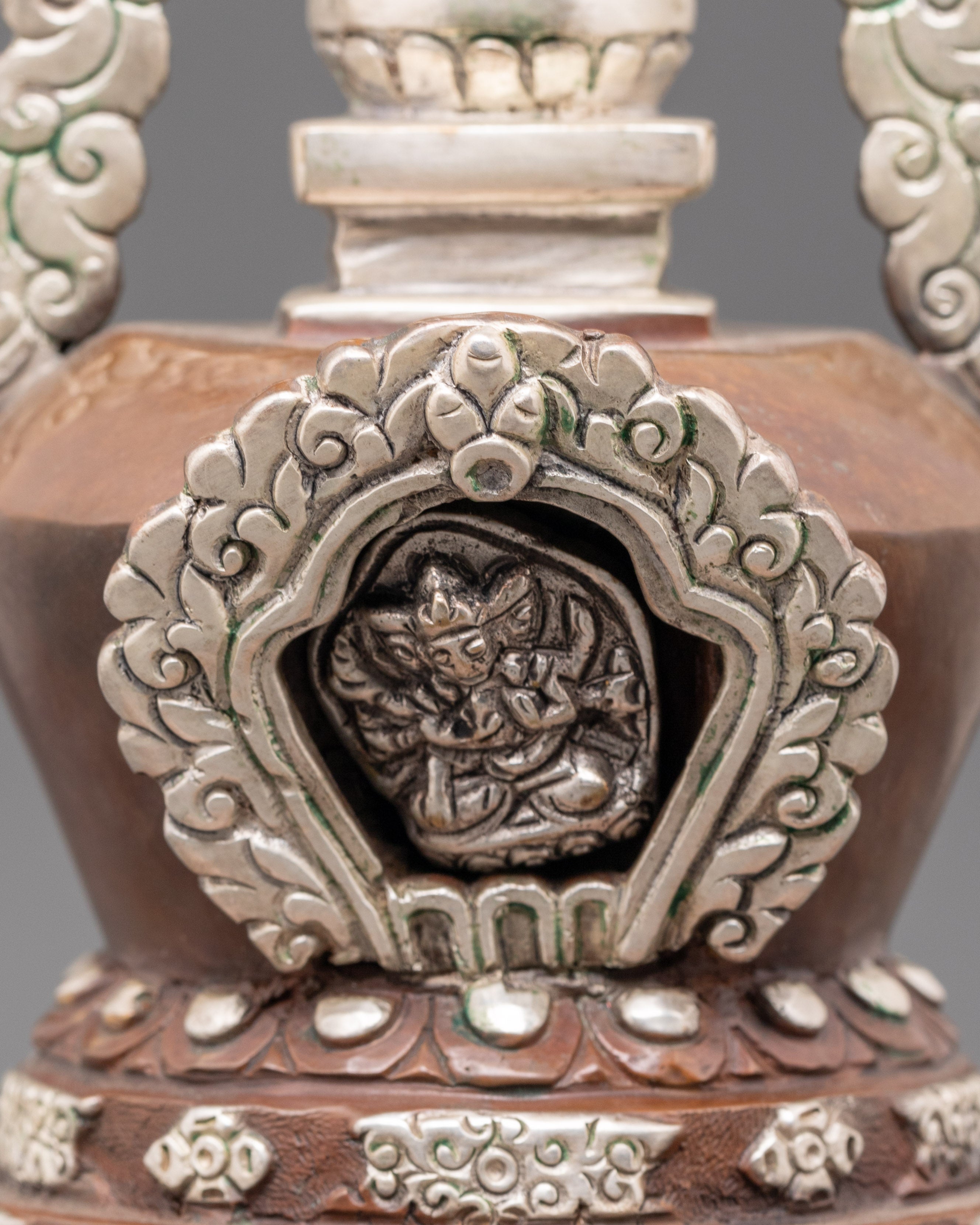Handcrafted Buddhist Stupa | Silver Plated Stupa with Protective Deity