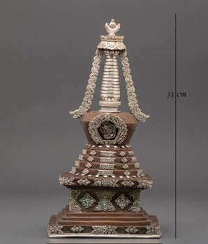 Handcrafted Buddhist Stupa | Silver Plated Stupa with Protective Deity