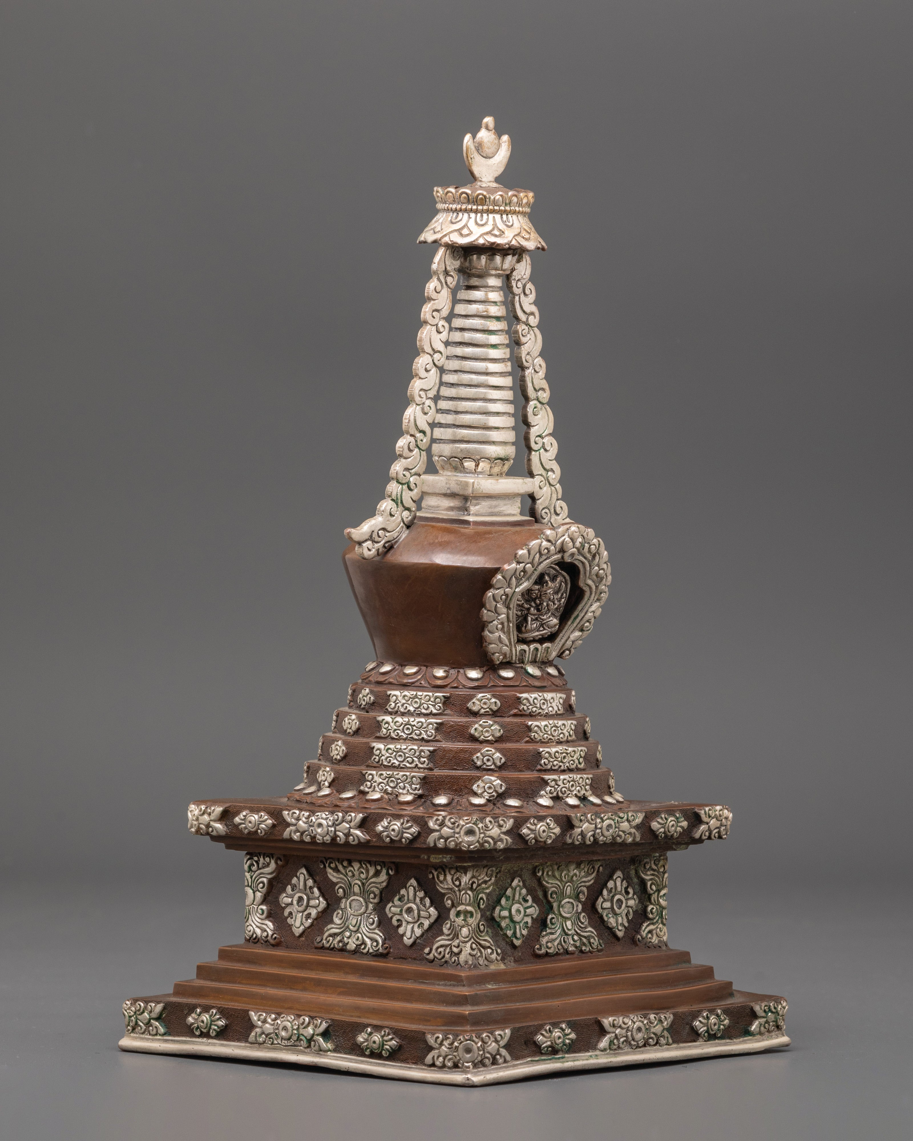 Handcrafted Buddhist Stupa | Silver Plated Stupa with Protective Deity