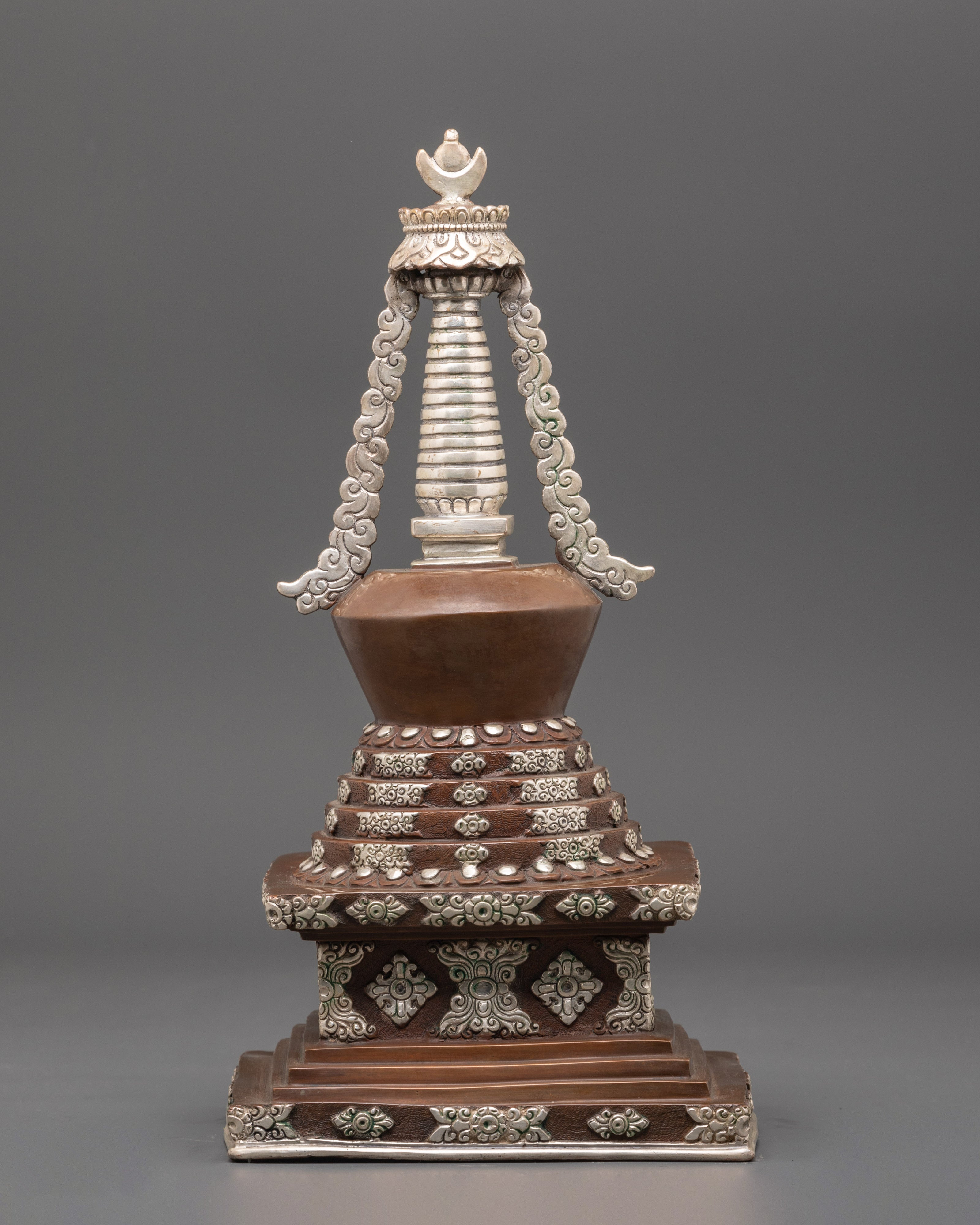 Handcrafted Buddhist Stupa | Silver Plated Stupa with Protective Deity