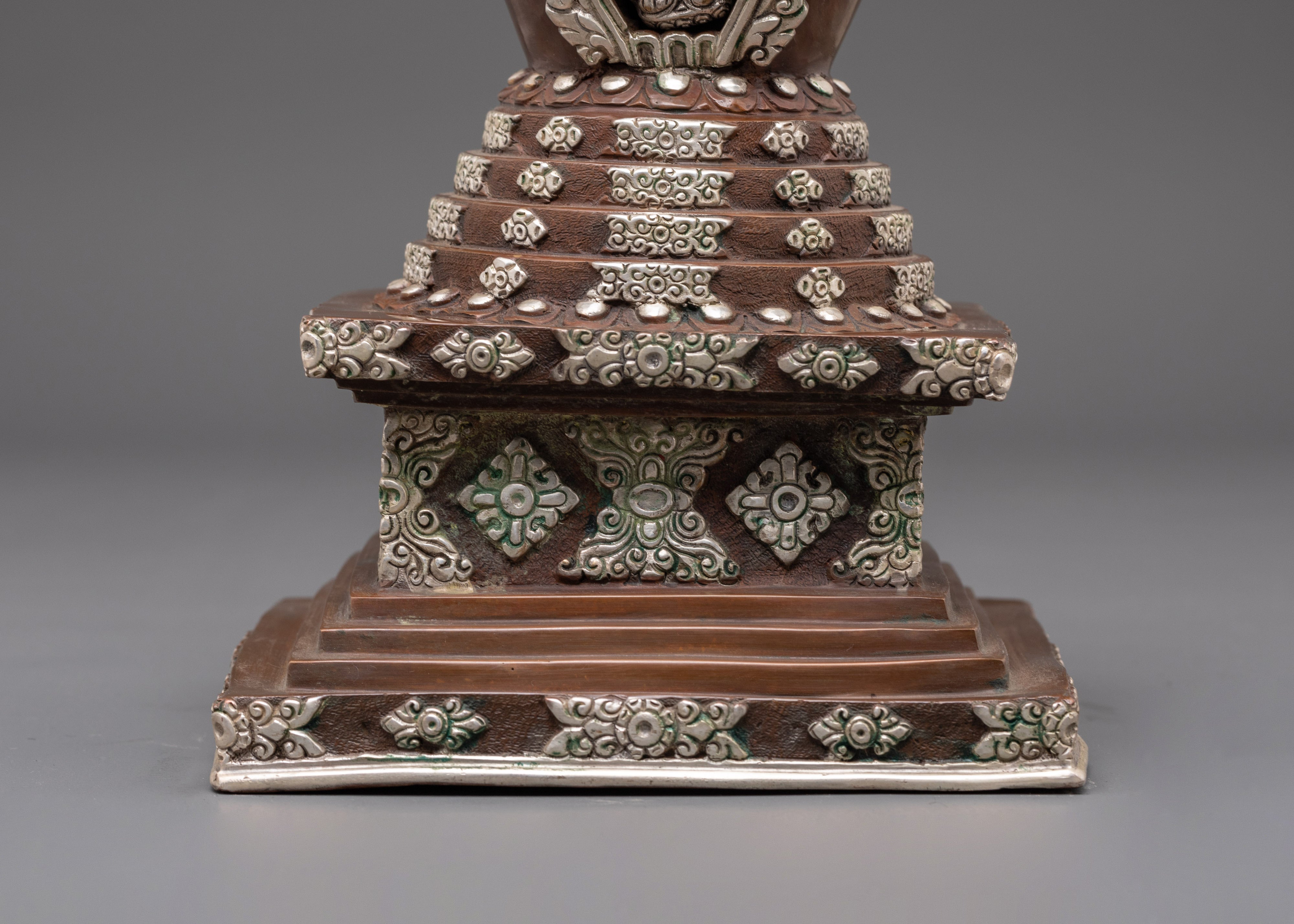 Handcrafted Buddhist Stupa | Silver Plated Stupa with Protective Deity