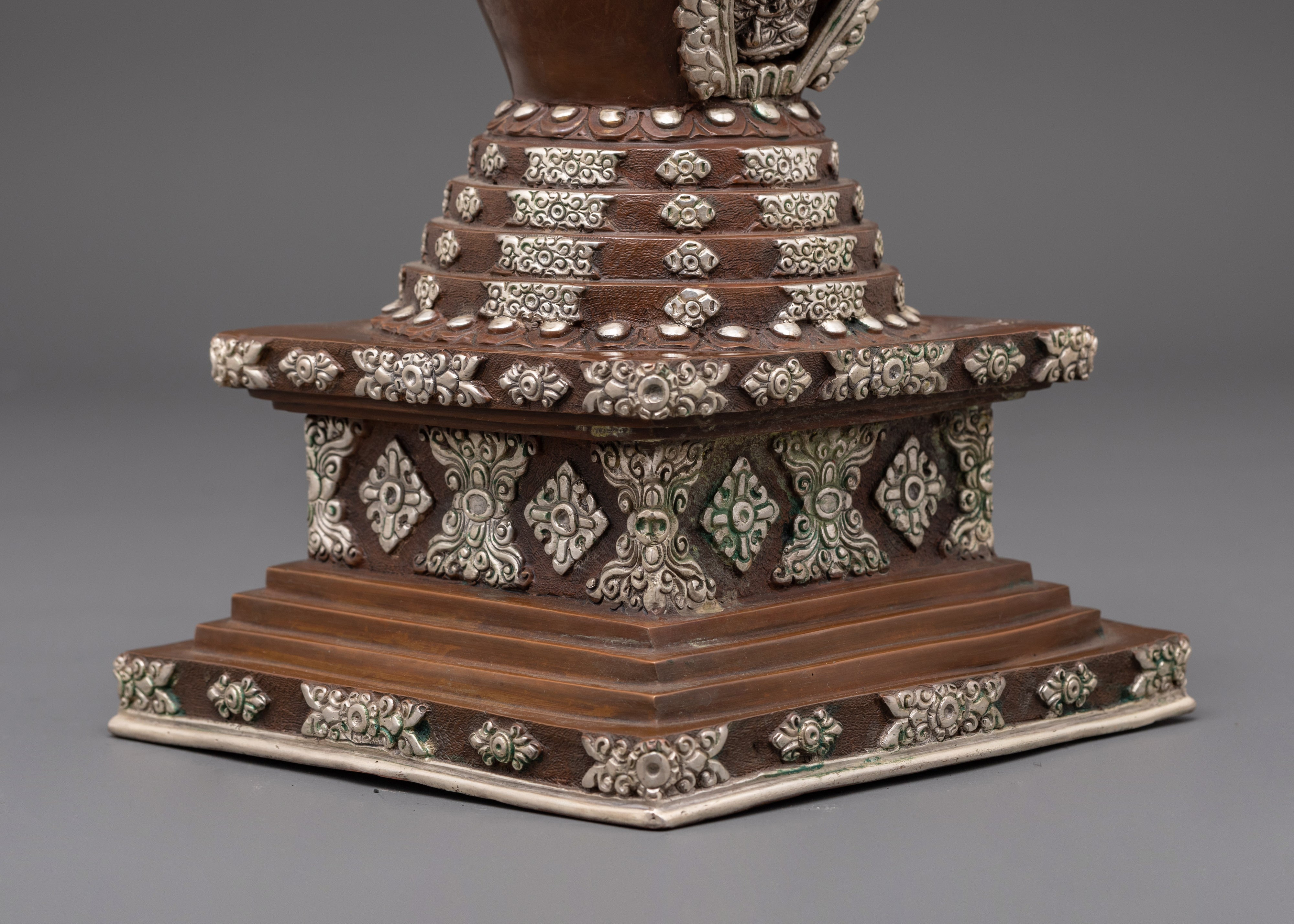 Handcrafted Buddhist Stupa | Silver Plated Stupa with Protective Deity