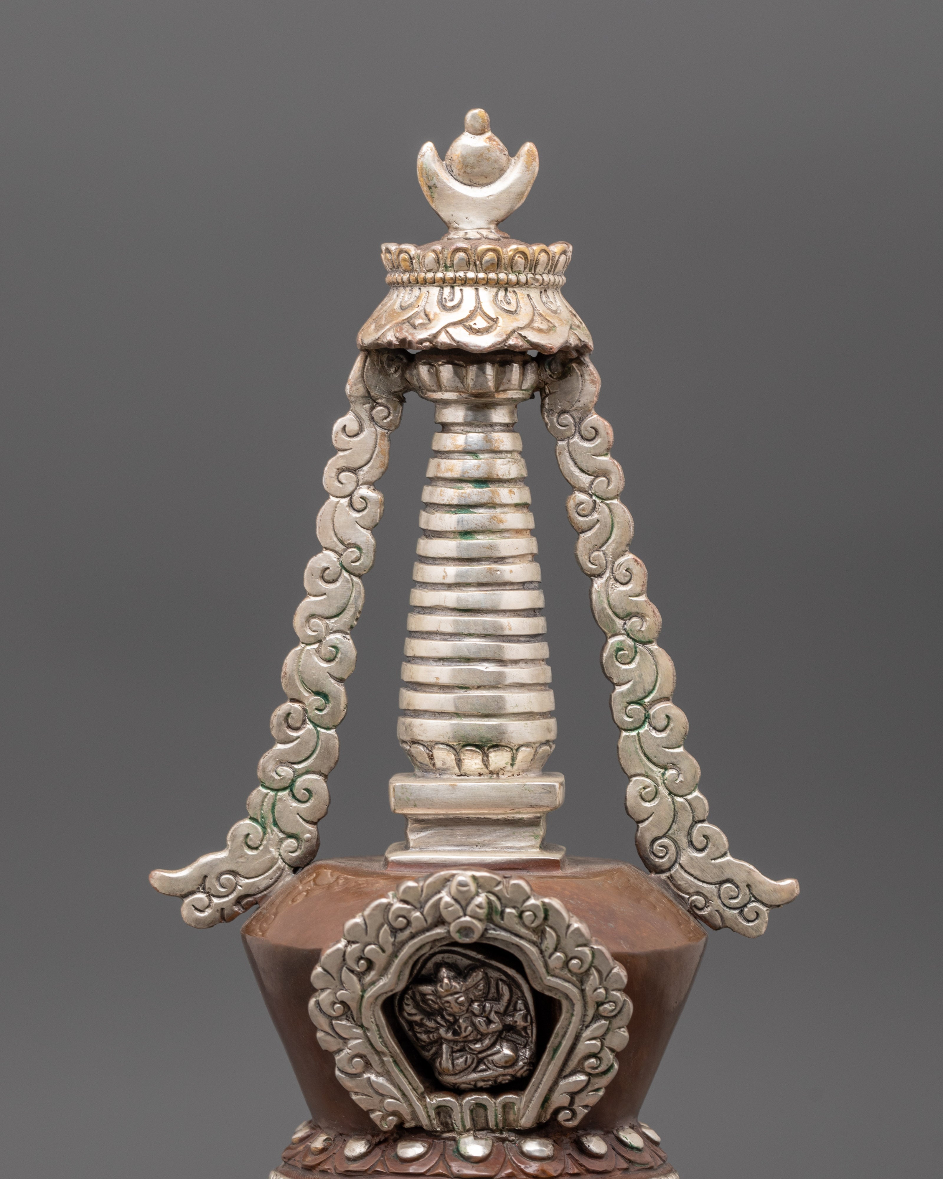 Handcrafted Buddhist Stupa | Silver Plated Stupa with Protective Deity