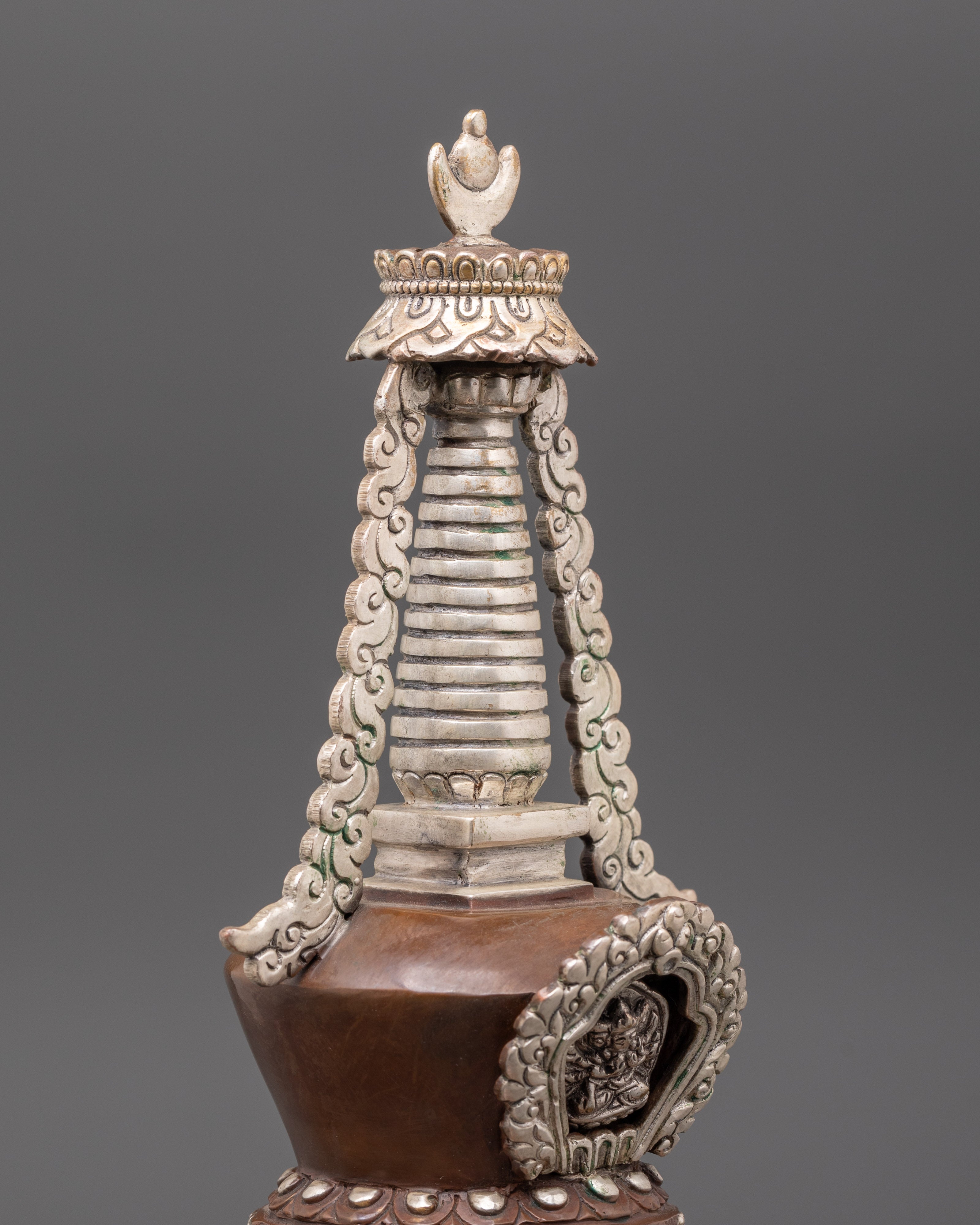 Handcrafted Buddhist Stupa | Silver Plated Stupa with Protective Deity