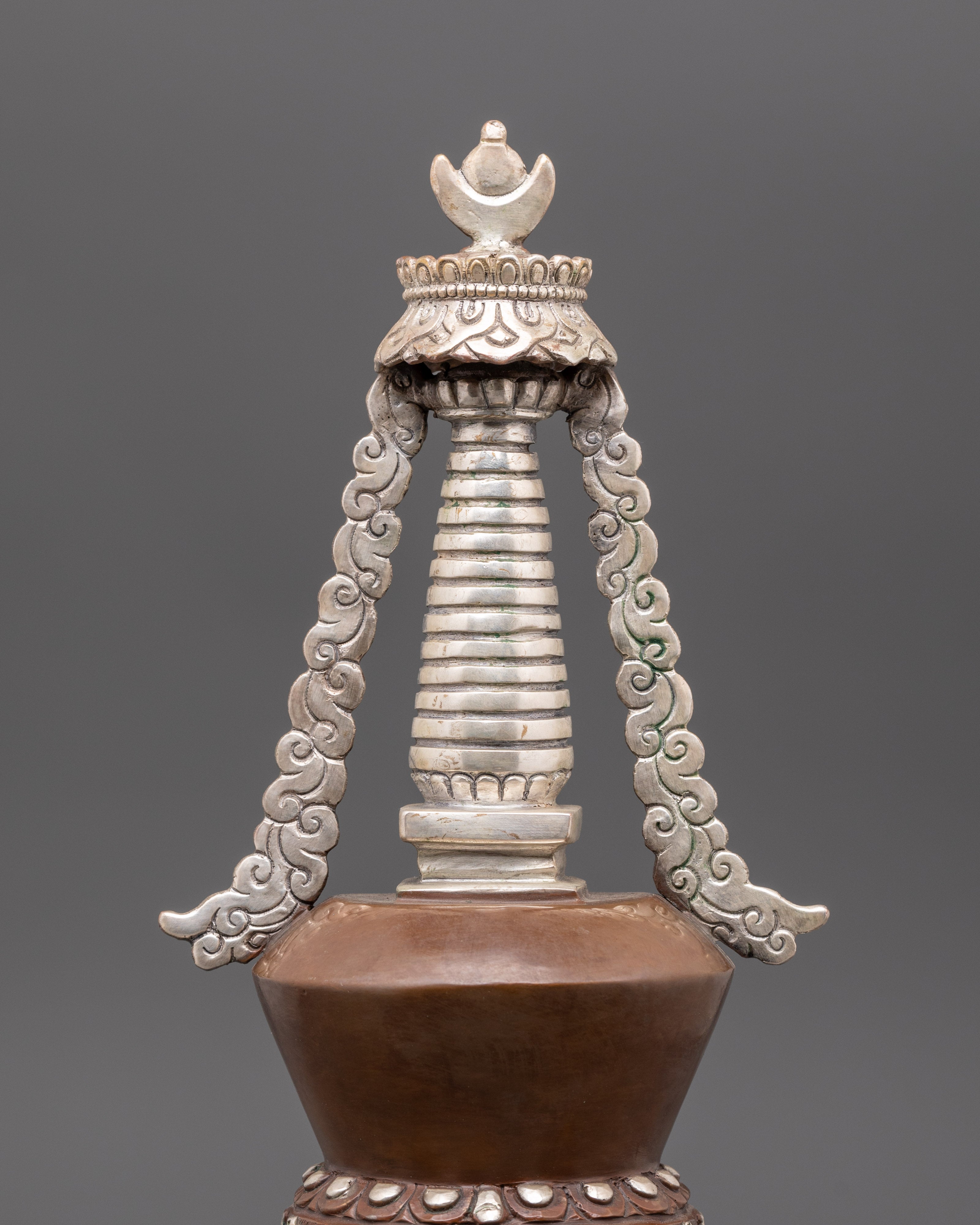Handcrafted Buddhist Stupa | Silver Plated Stupa with Protective Deity