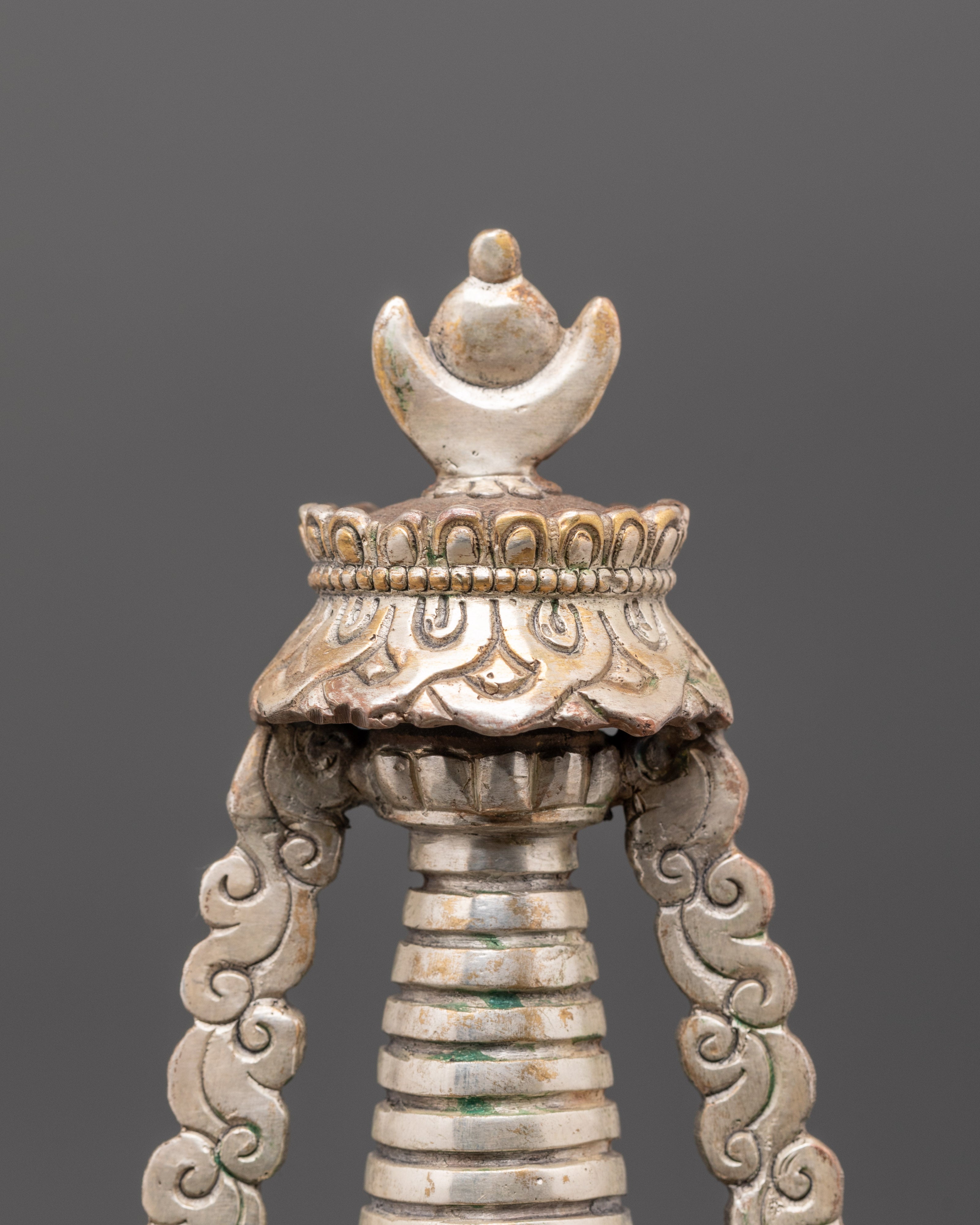 Handcrafted Buddhist Stupa | Silver Plated Stupa with Protective Deity