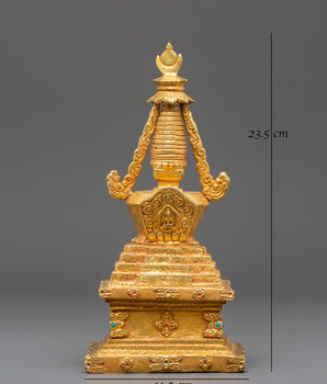 Handcrafted Spiritual Monument Stupa | Gold Plated Tibetan Altar Decor