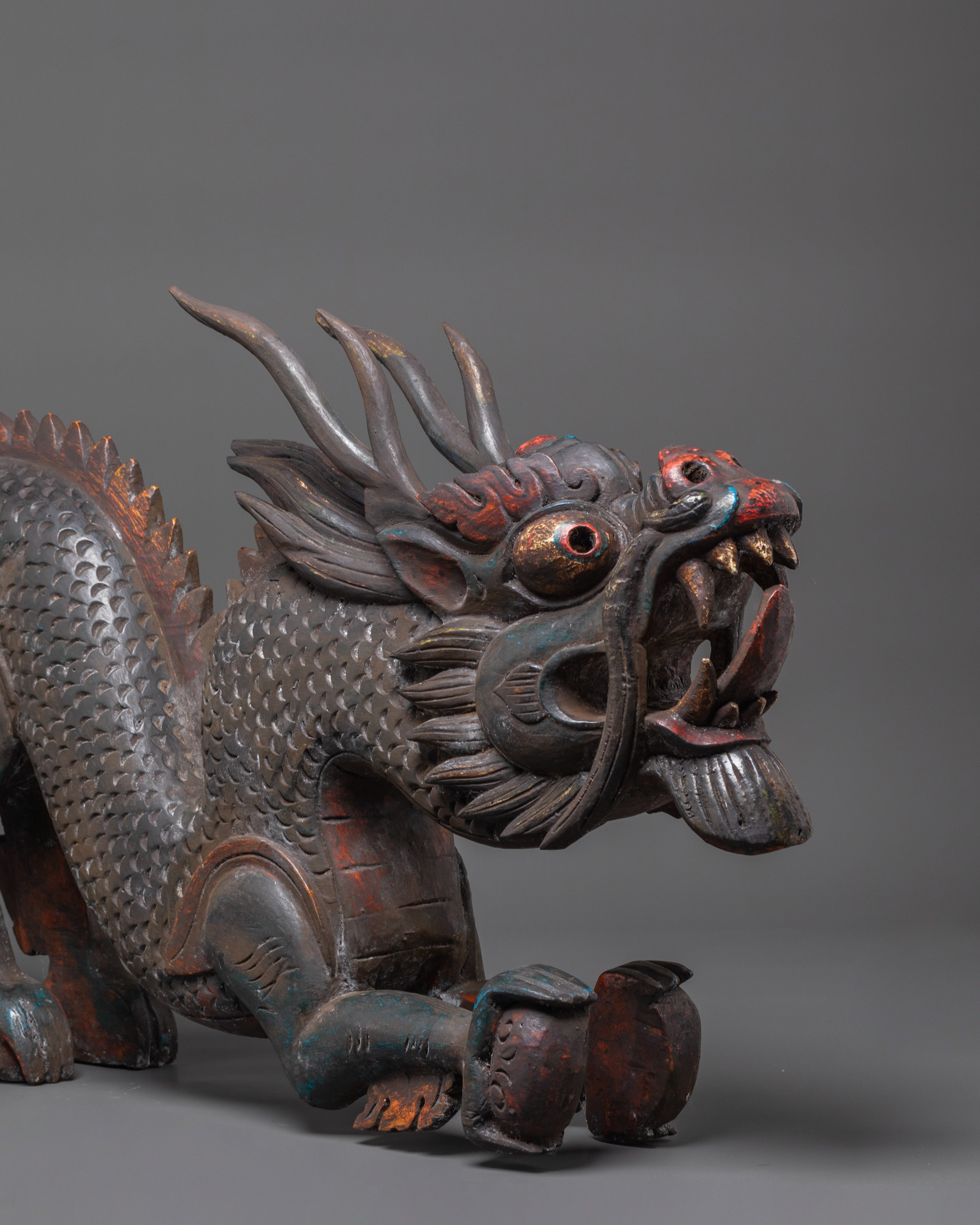 Guardian Dragon Figure | Tibetan Buddhist Wooden Sculpture