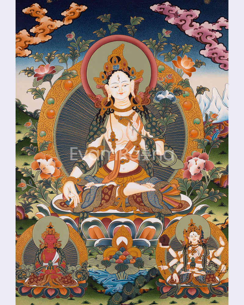 White Tara Thangka Painting | Female Bodhisattva | Decorative Art