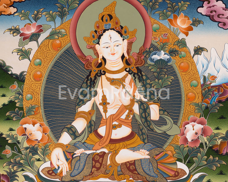 White Tara Thangka Painting | Female Bodhisattva | Decorative Art