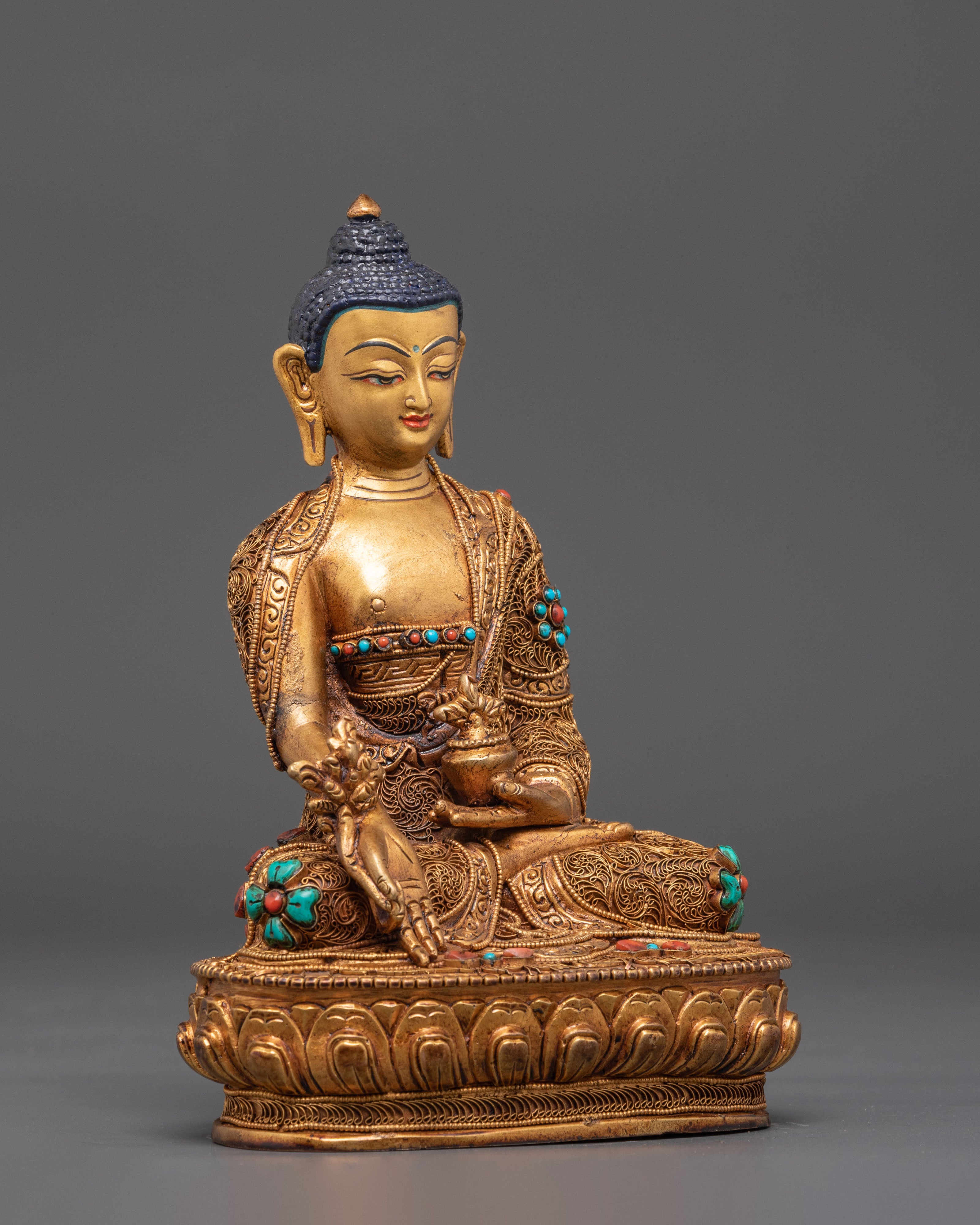 Spiritual Healing Buddha Bhaiṣajyaguru Statue | Gold Plated Copper Sculpture