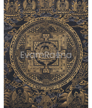 Original Hand-Painted Gold And Black Style Chenrezig Mandala Thangka