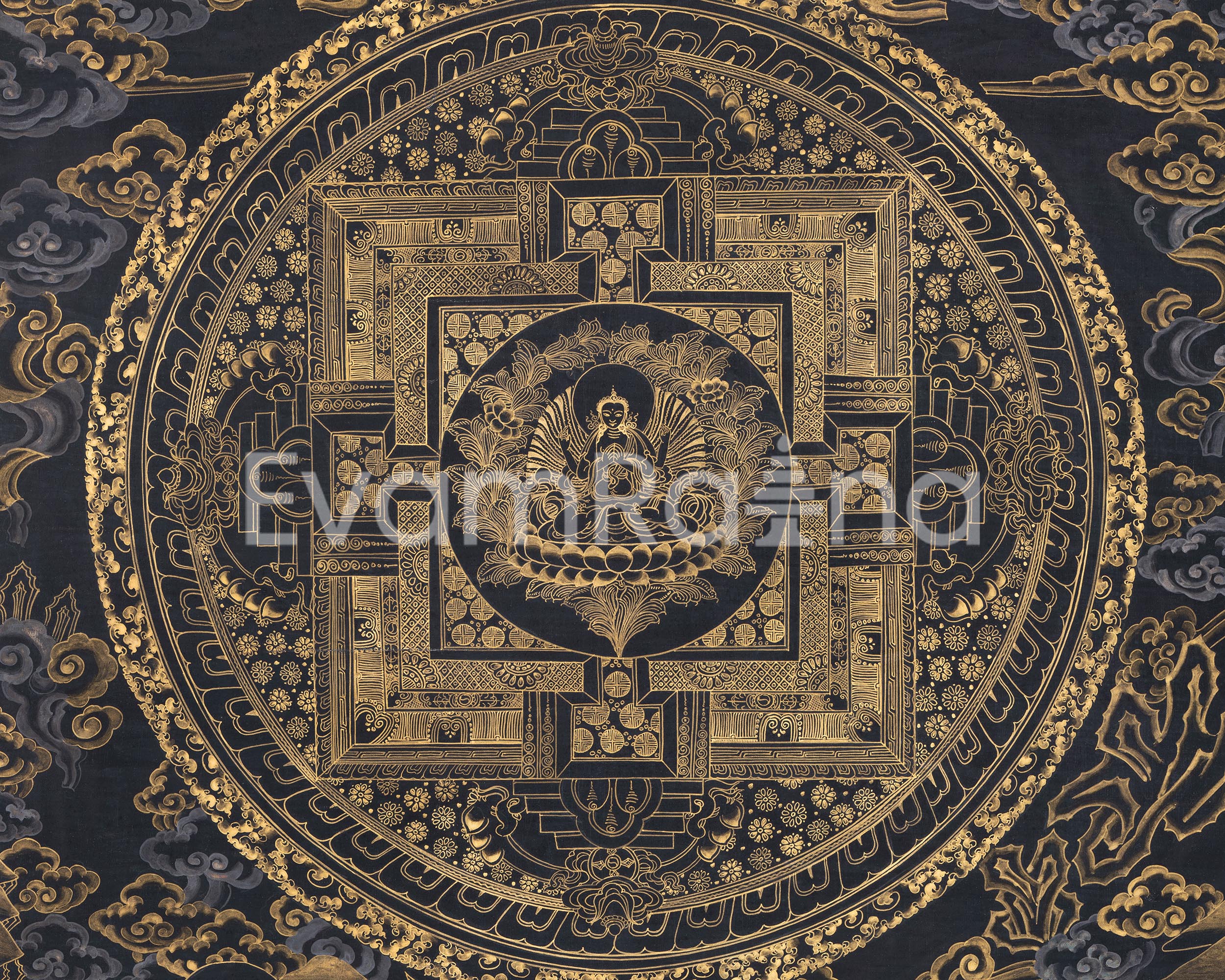 Original Hand-Painted Gold And Black Style Chenrezig Mandala Thangka | Tibetan Buddhist Art