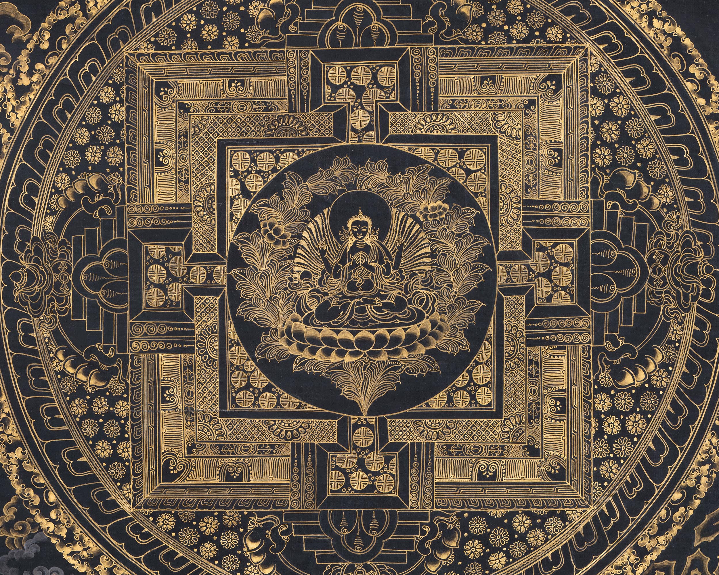 Original Hand-Painted Gold And Black Style Chenrezig Mandala Thangka | Tibetan Buddhist Art