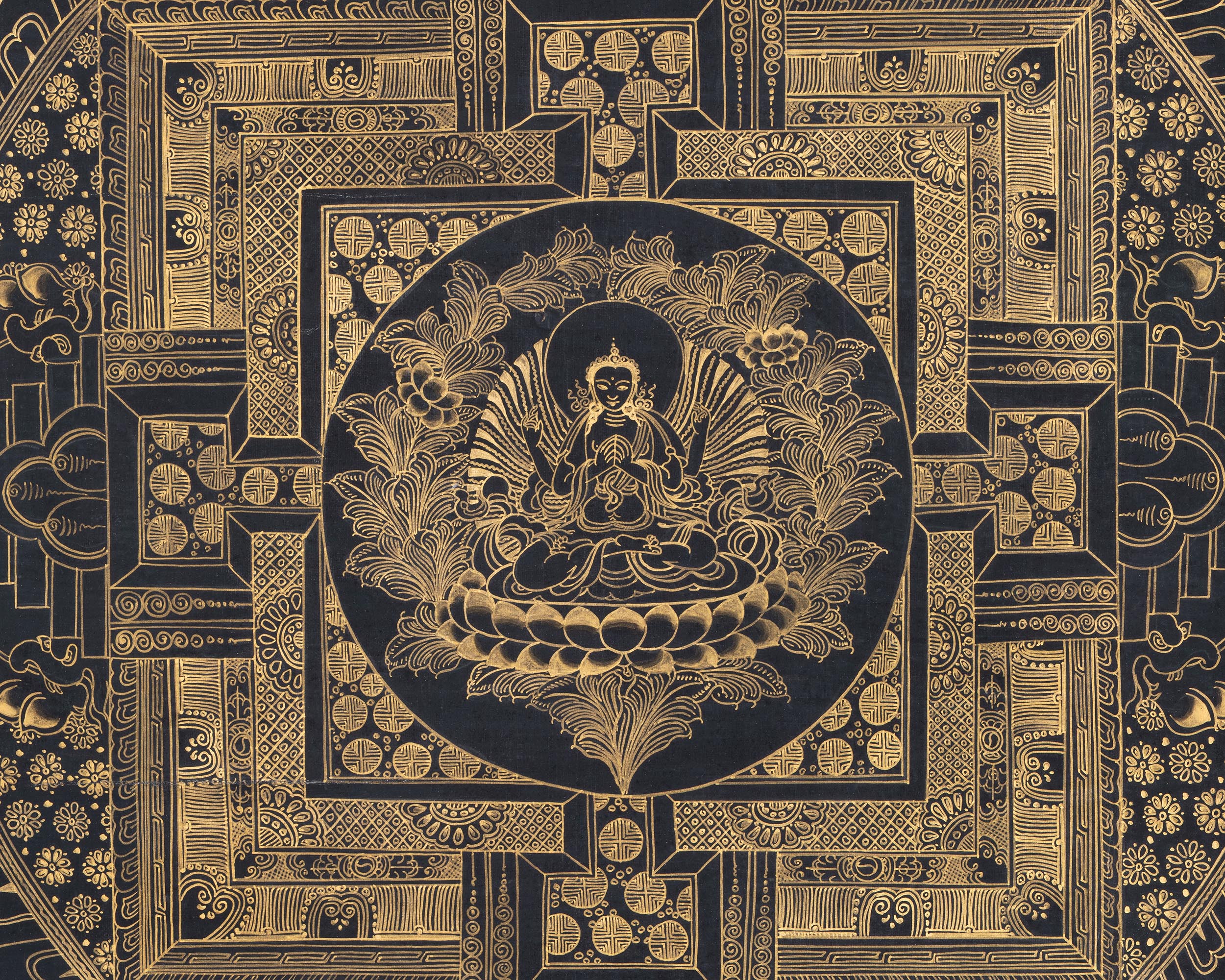 Original Hand-Painted Gold And Black Style Chenrezig Mandala Thangka | Tibetan Buddhist Art