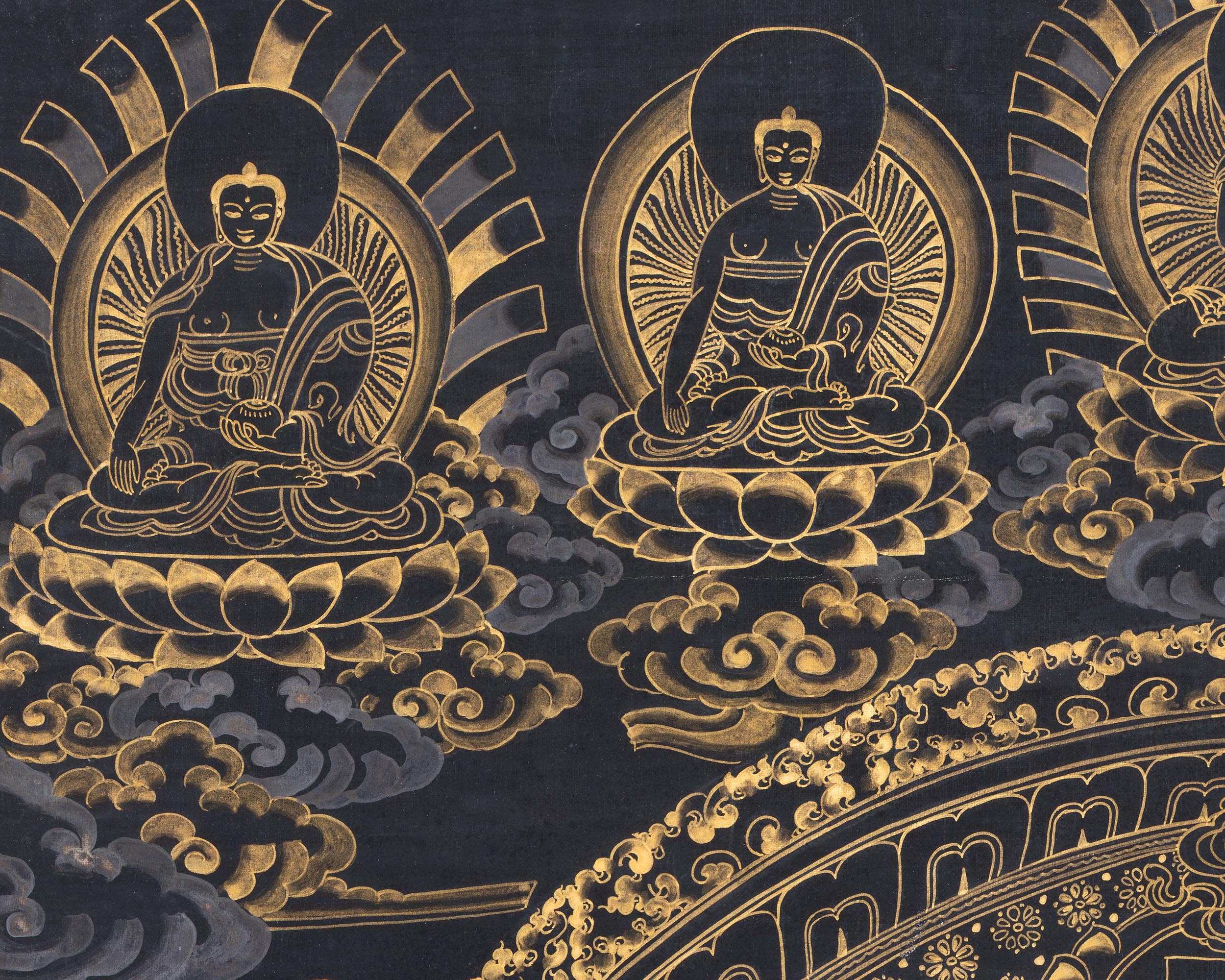 Original Hand-Painted Gold And Black Style Chenrezig Mandala Thangka | Tibetan Buddhist Art