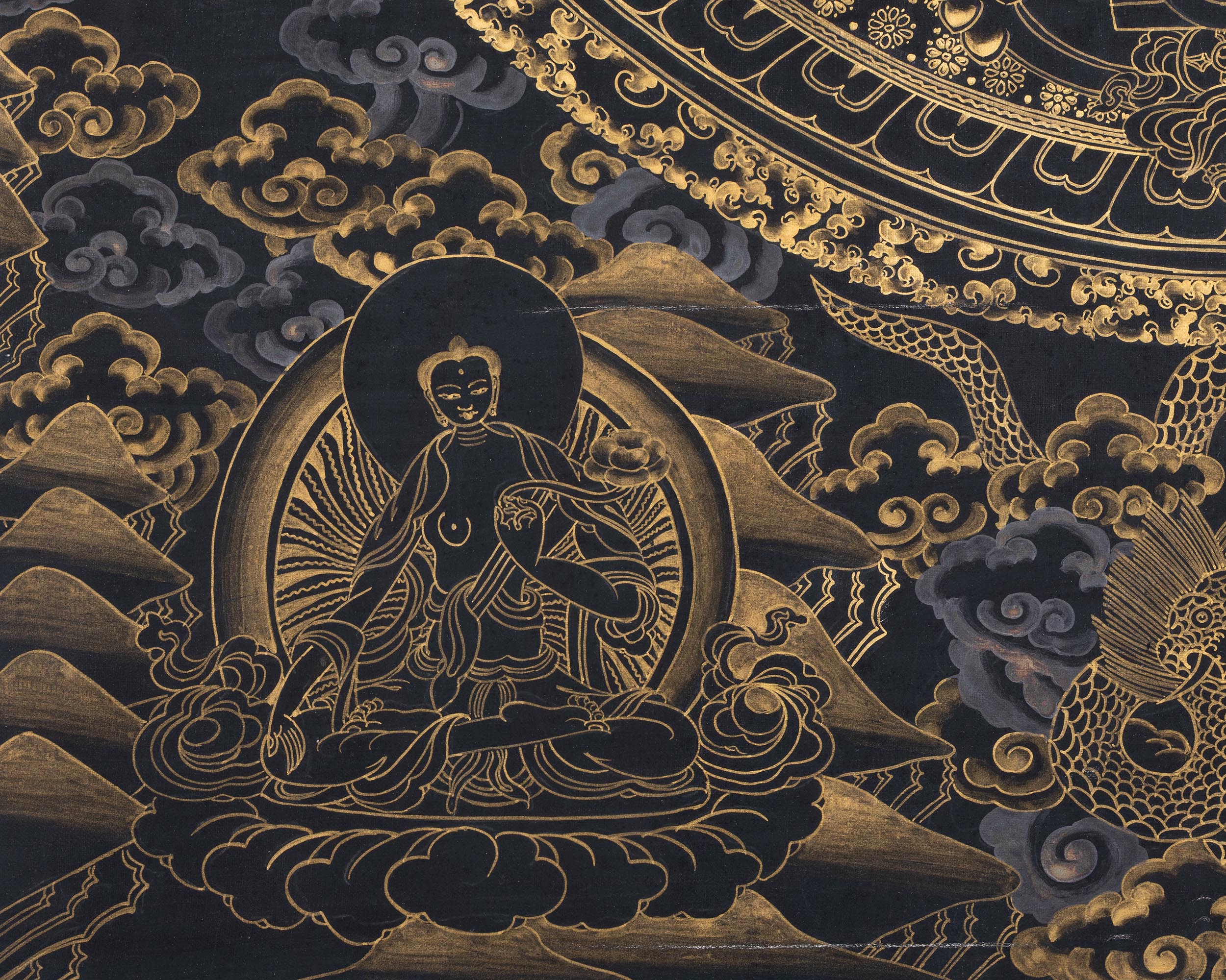 Original Hand-Painted Gold And Black Style Chenrezig Mandala Thangka | Tibetan Buddhist Art