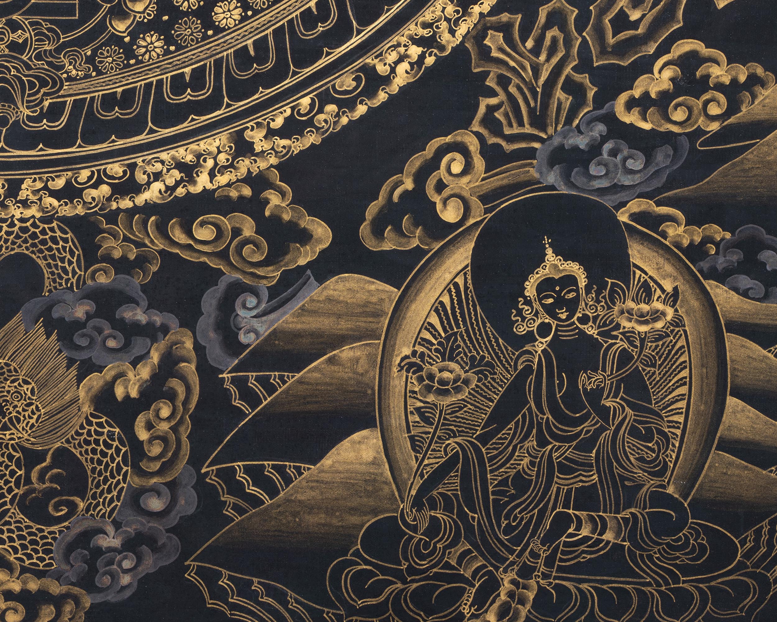 Original Hand-Painted Gold And Black Style Chenrezig Mandala Thangka | Tibetan Buddhist Art