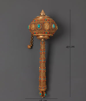 Prayer Wheel for Accumulating Merit | Gold Plated Copper Wheel with Coral and Turquoise