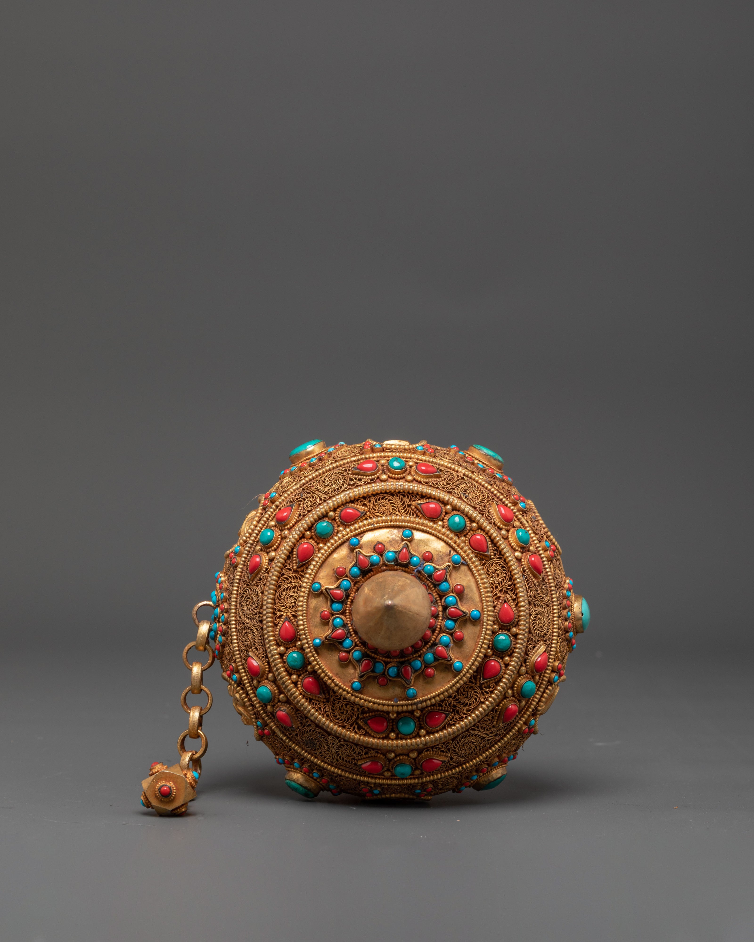 Prayer Wheel for Accumulating Merit | Gold Plated Copper Wheel with Coral and Turquoise