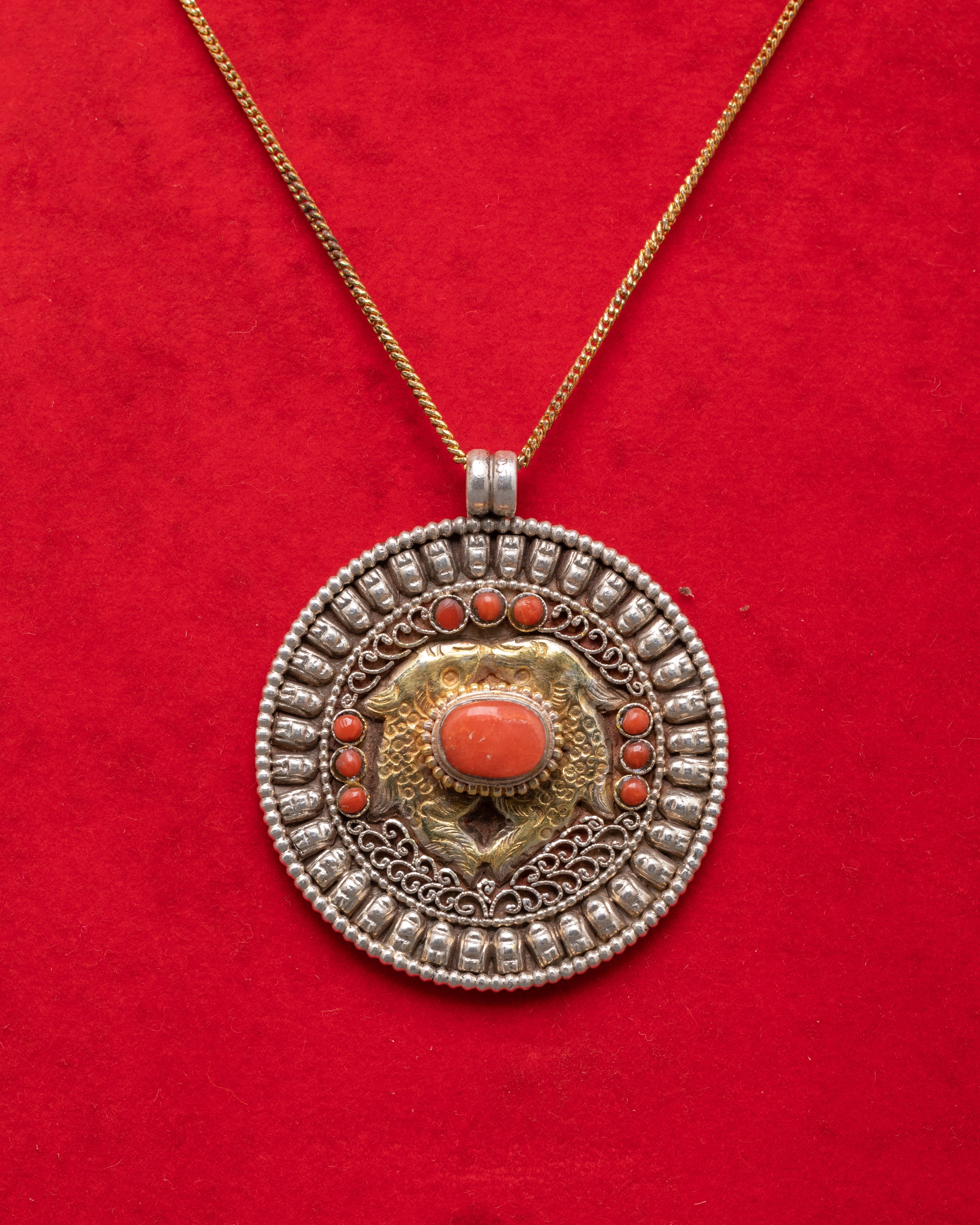 Sacred Twin Fish Buddhist Pendant | Tibetan Coral Amulet in Silver & Gold