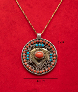 Traditional Himalayan Pendant | Handmade Silver Pendant with Coral & Turquoise