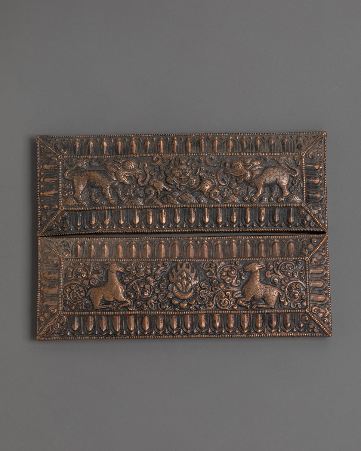 Handcrafted Tibetan Scripture Book Cover | Copper and Wood Buddhist Manuscript Protection